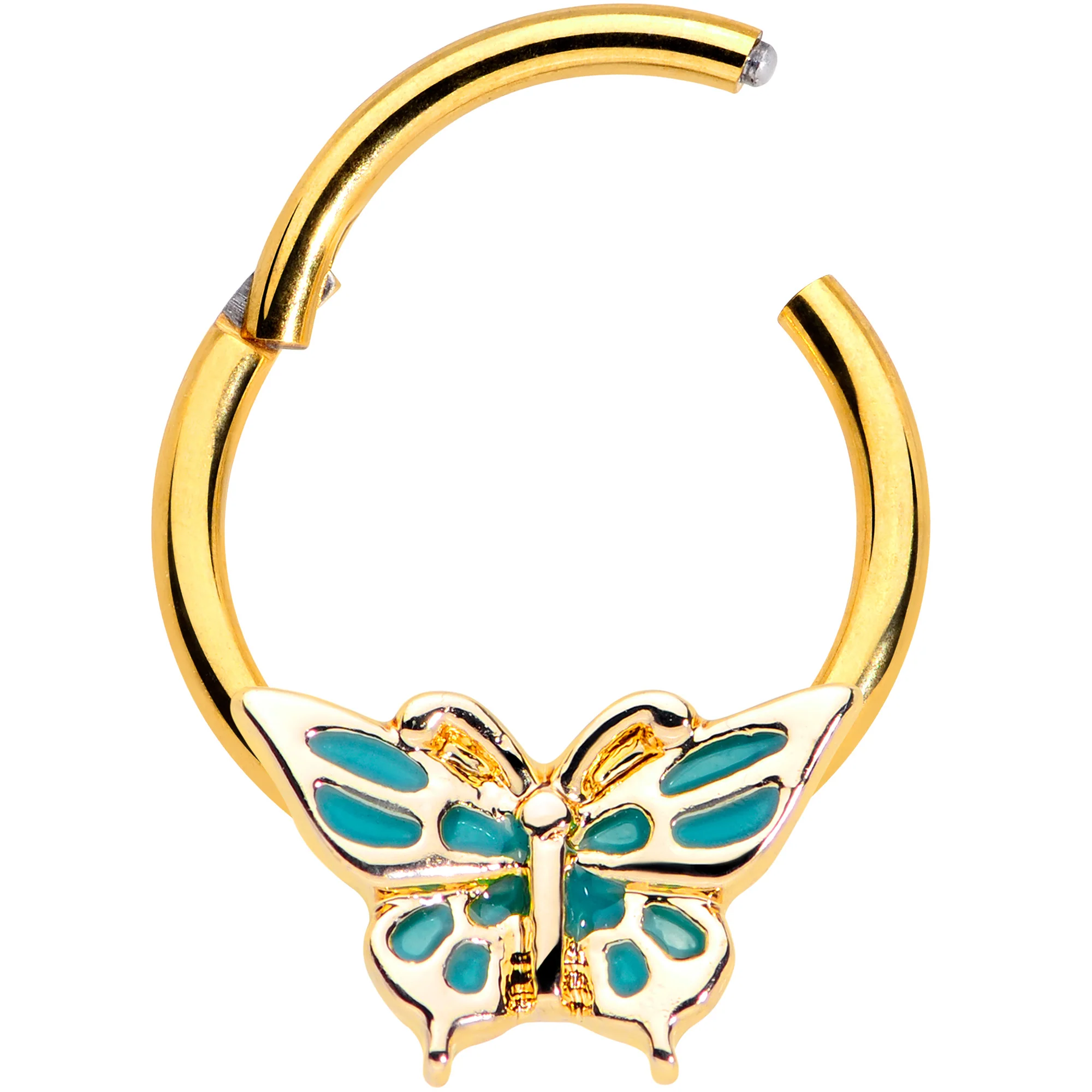 16G 3/8 Gold Tone Green Inlay Butterfly Hinged Segment Ring - Image 2