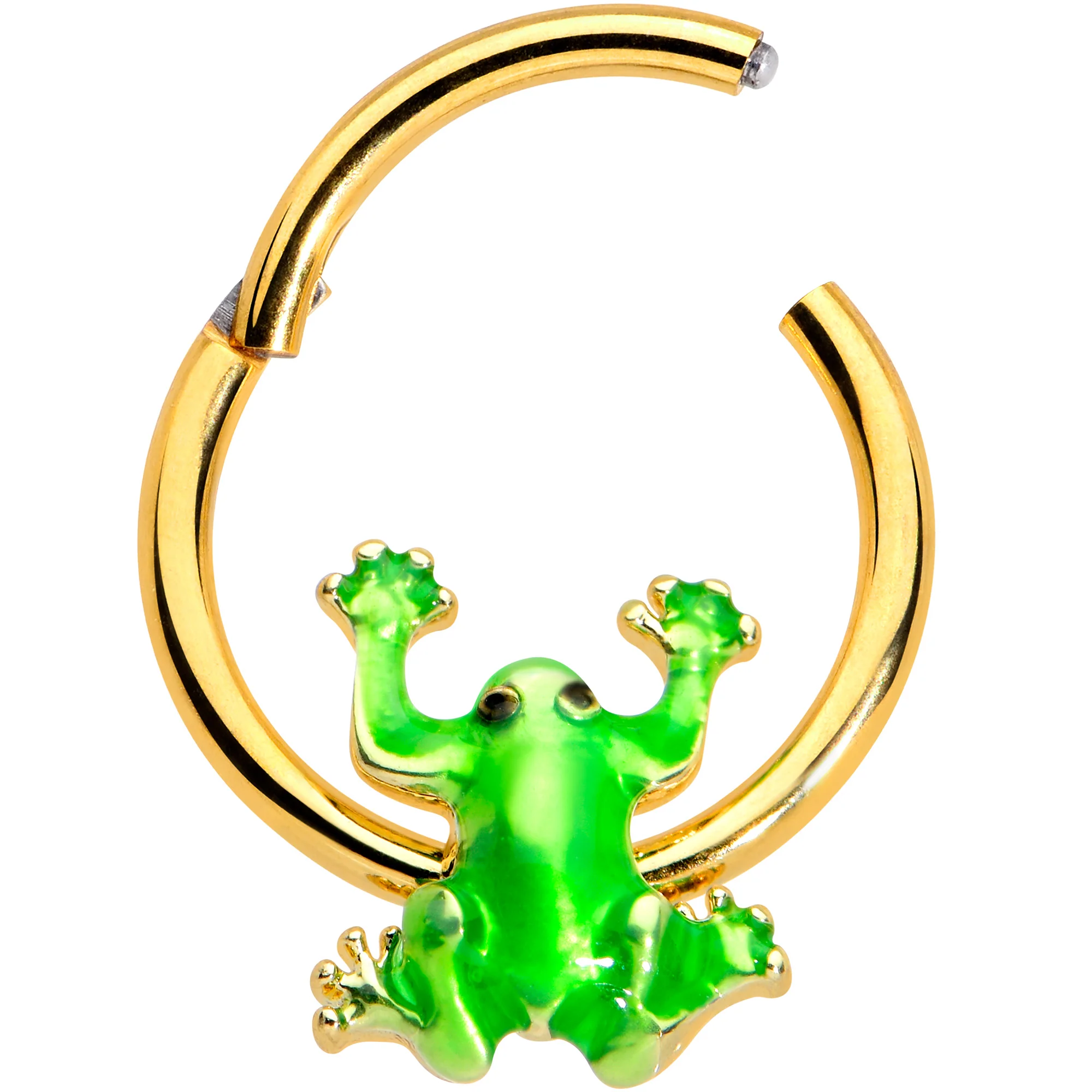 16G 3/8 Gold Tone Green Tree Frog Hinged Segment Ring - Image 2