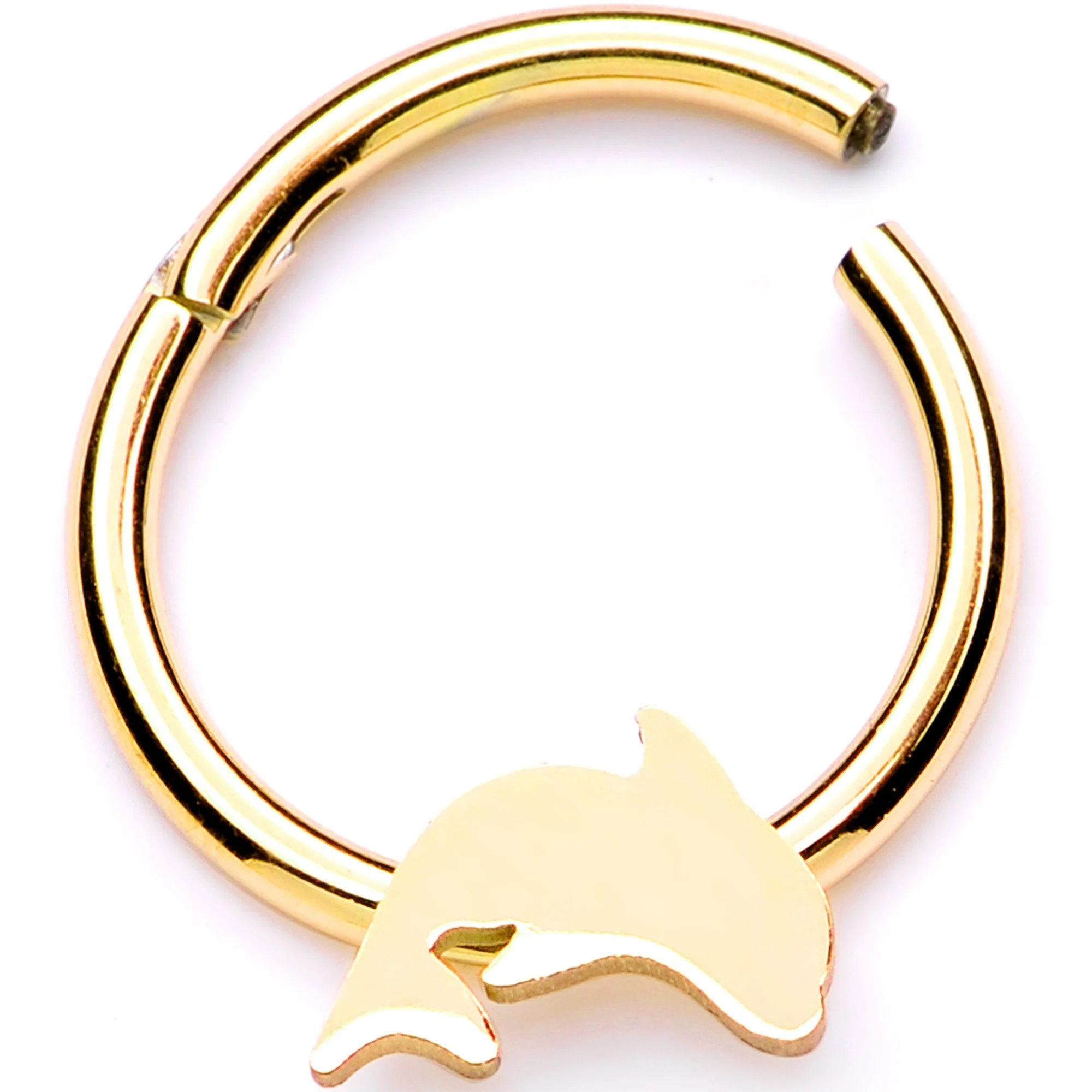 16G 3/8 Gold Tone Leaping Dolphin Hinged Segment Ring - Image 2