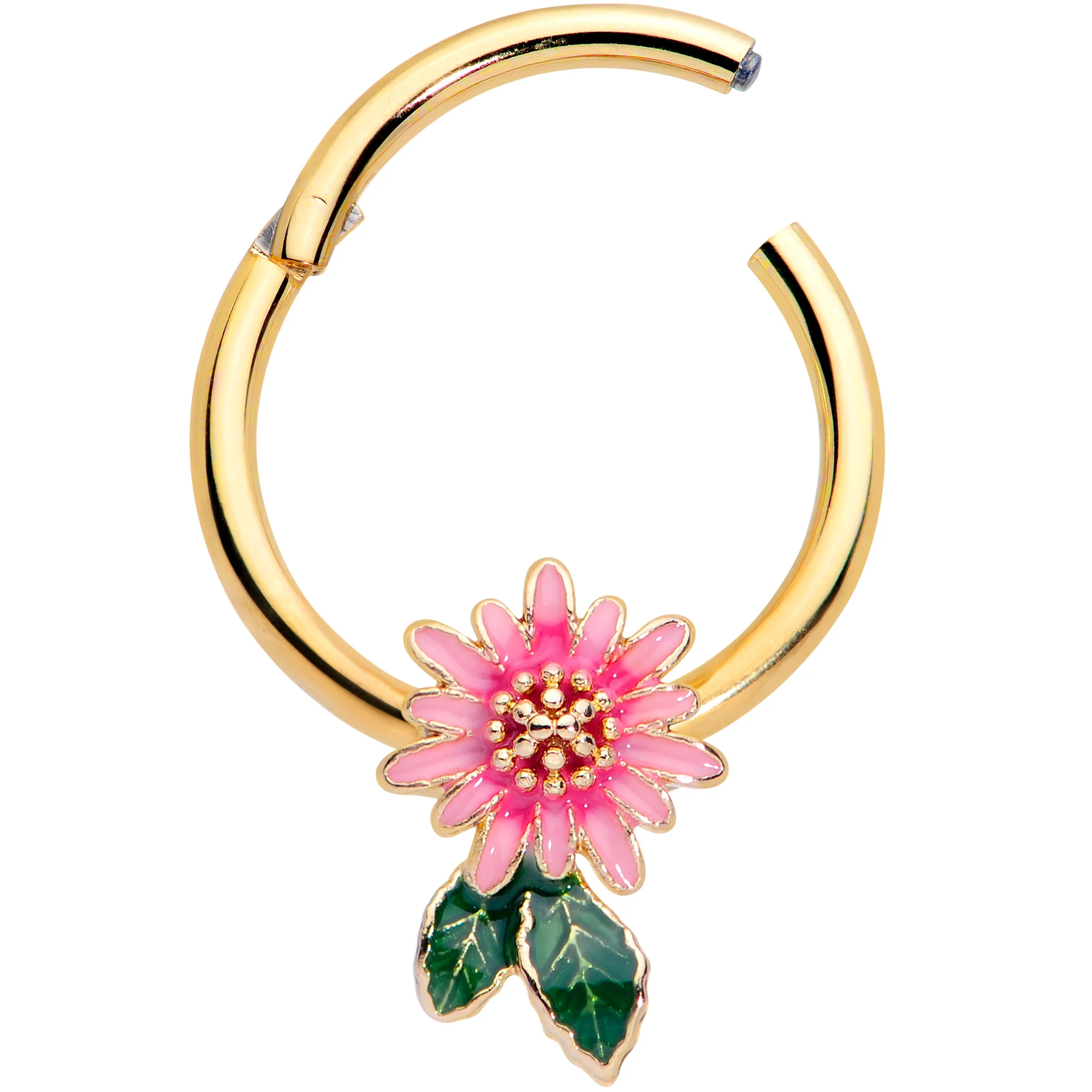 16G 3/8 Gold Tone Pink Spring Flower Hinged Segment Ring - Image 2
