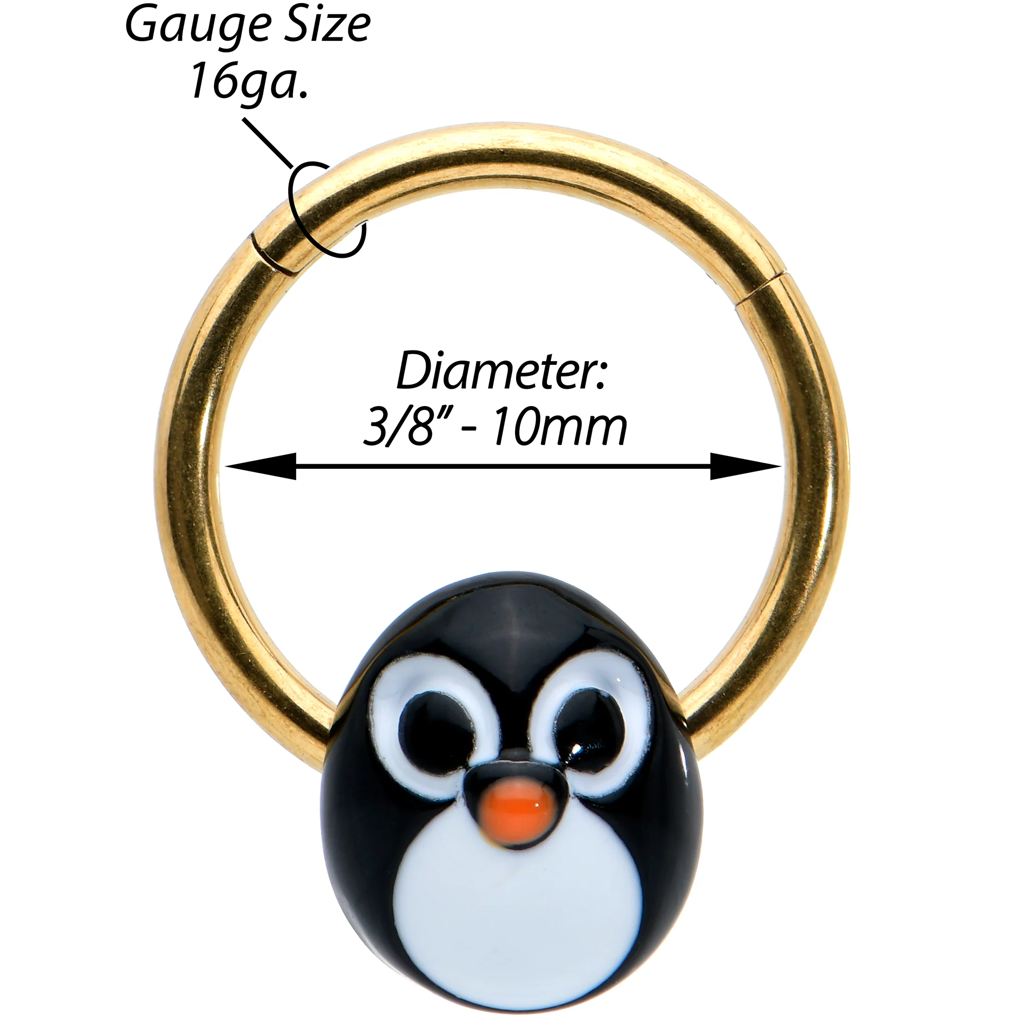 16G 3/8 Gold Tone Round Penguin Face Holiday Hinged Segment Ring - Image 4