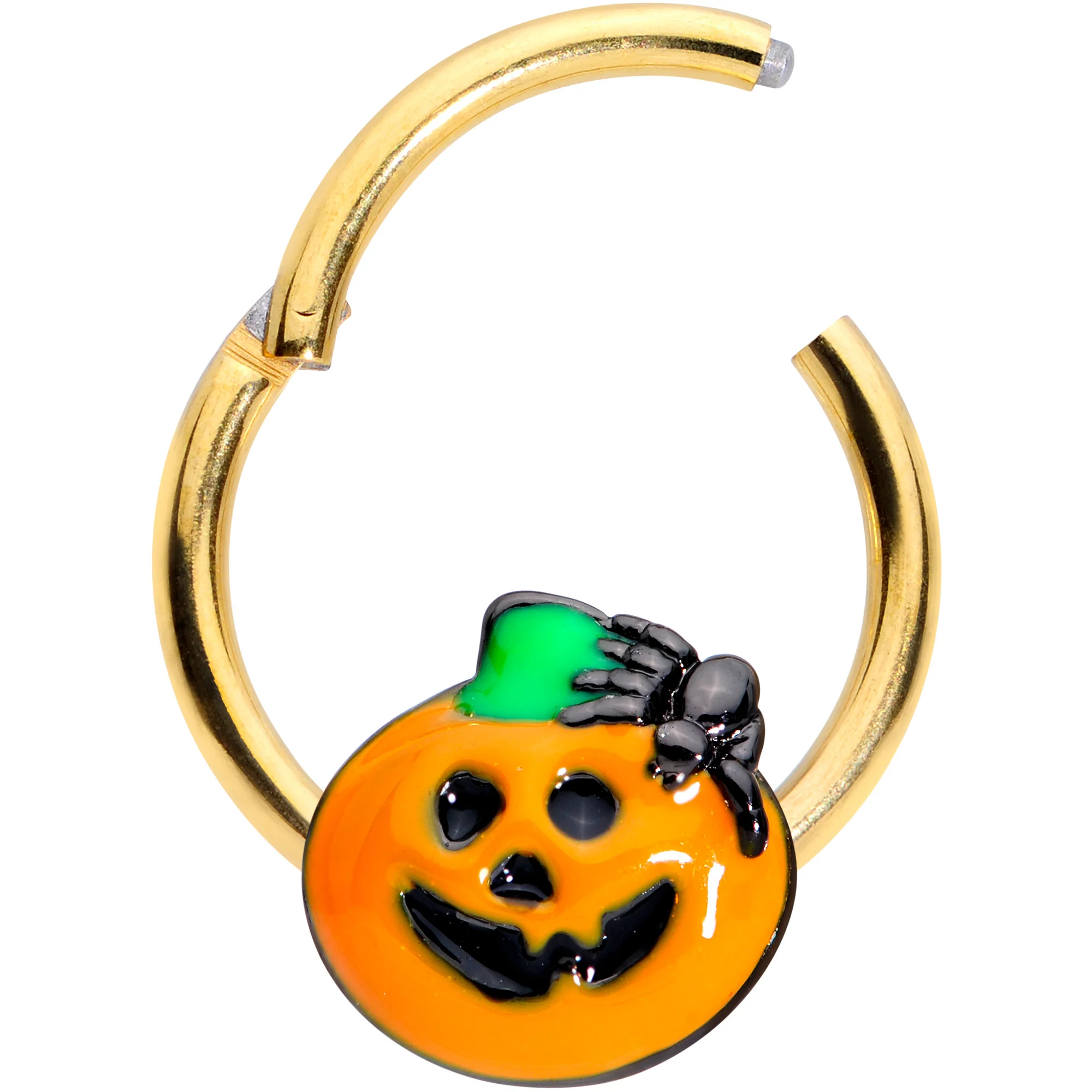 16G 3/8 Gold Tone Spider Pumpkin Halloween Hinged Segment Ring - Image 2