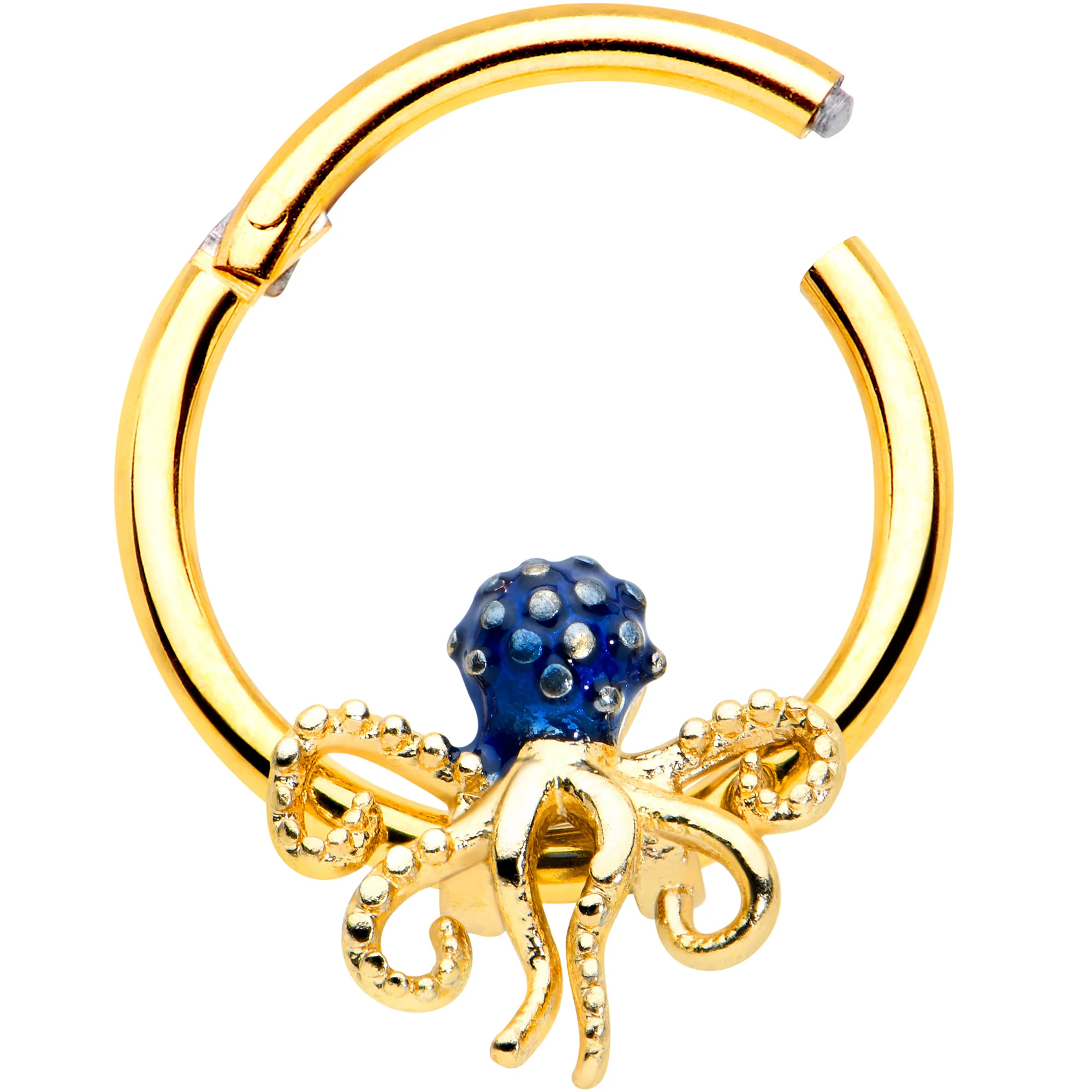 16G 3/8 Gold Tone Textured Blue Octopus Hinged Segment Ring - Image 2