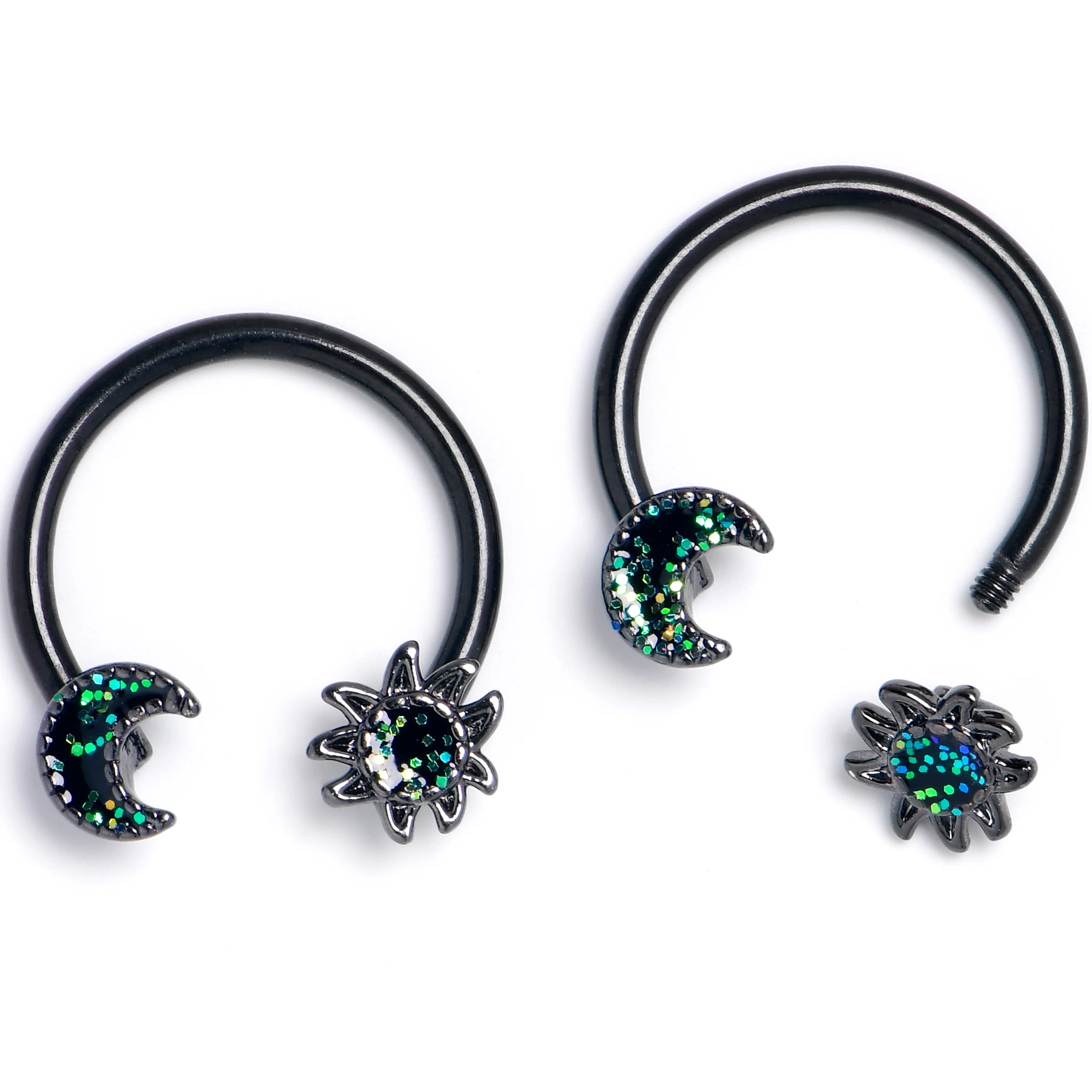 16G 3/8 Green Faux Opal Black Moon Sun BCR Horseshoe Set of 4 - Image 2
