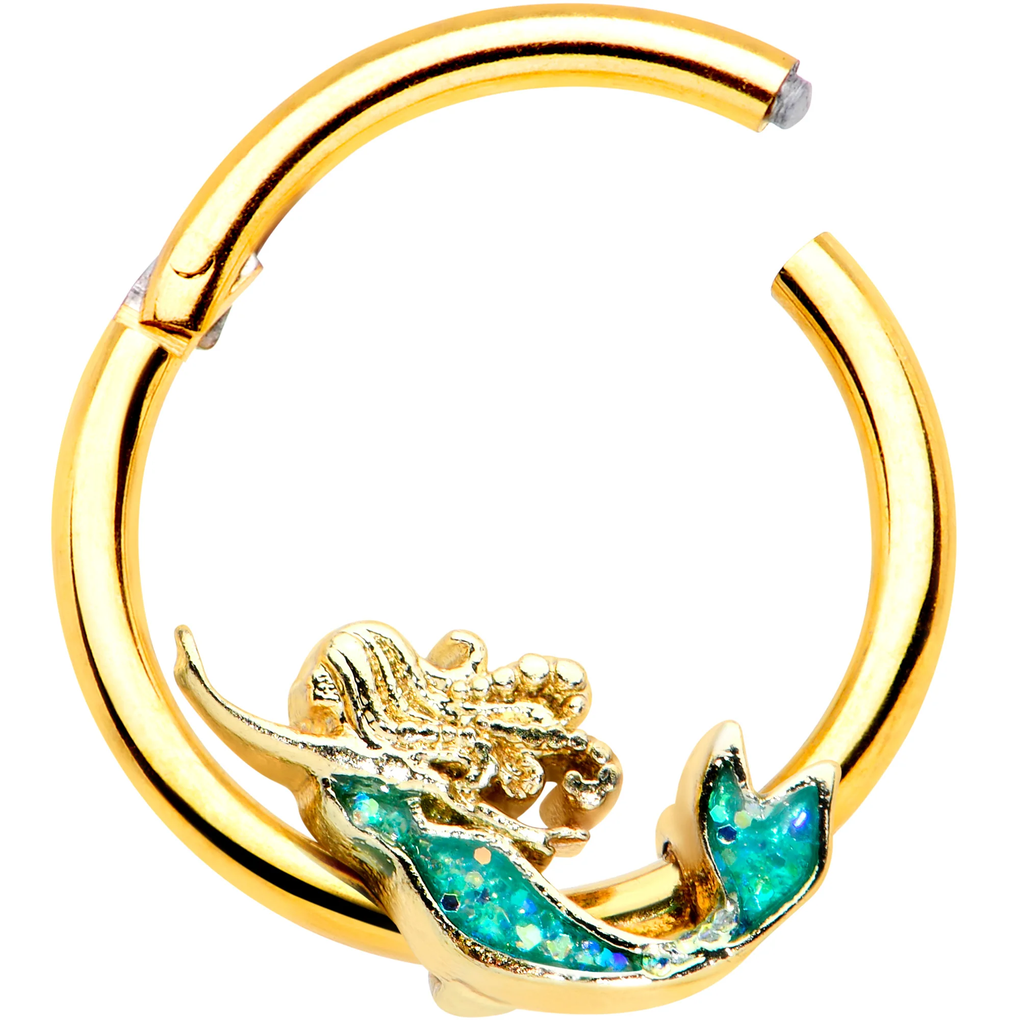 16G 3/8 Green Faux Opal Gold Hue Mermaid Hinged Segment Ring - Image 2