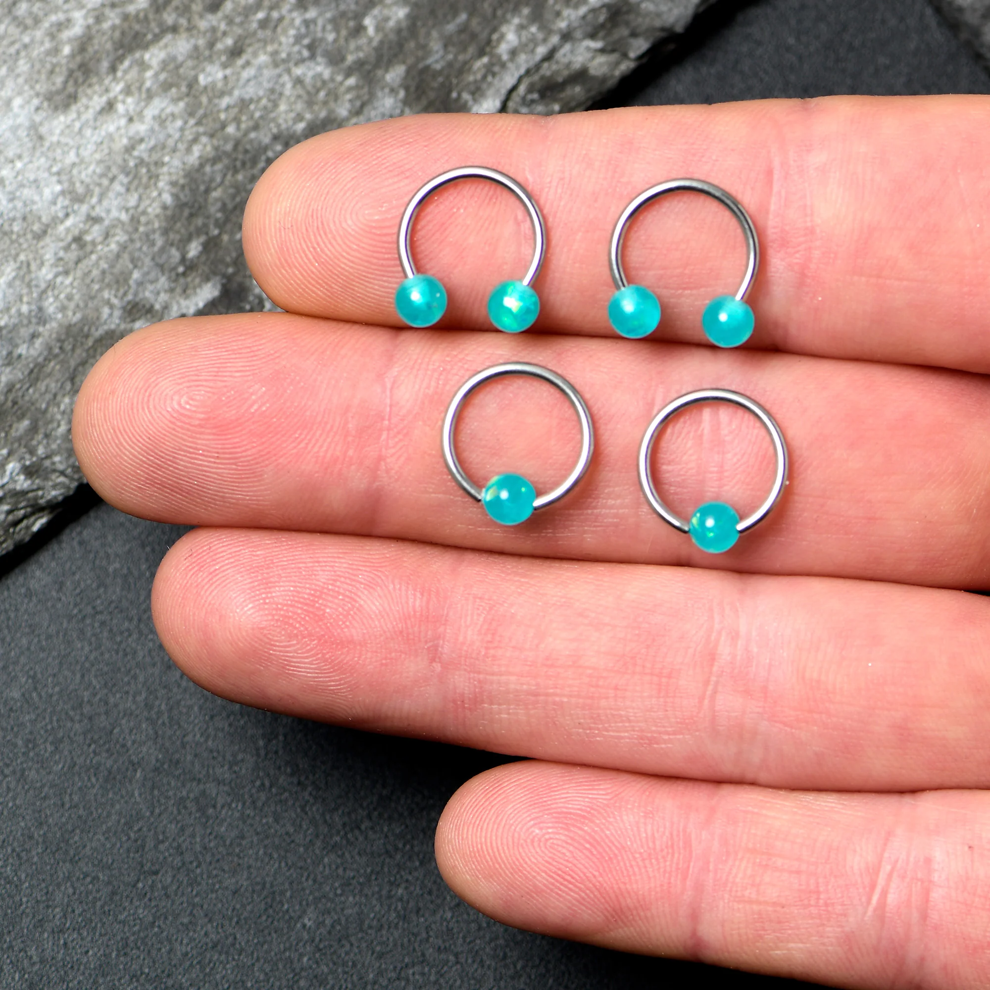 16G 3/8 Teal Faux Opal Horseshoe BCR Captive Ring Set of 4 - Image 3