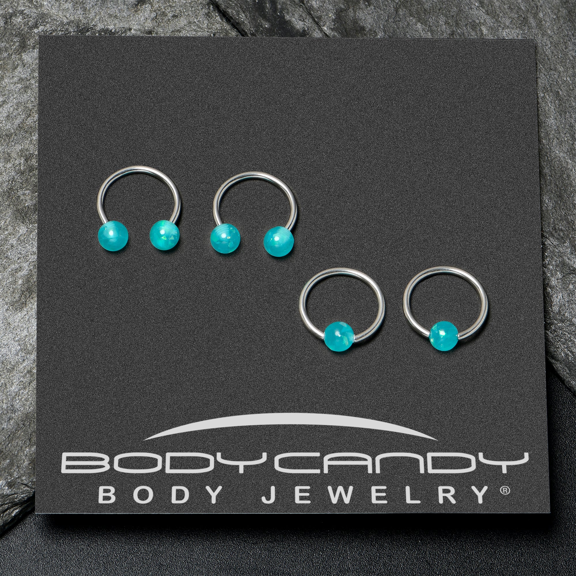 16G 3/8 Teal Faux Opal Horseshoe BCR Captive Ring Set of 4 - Image 5