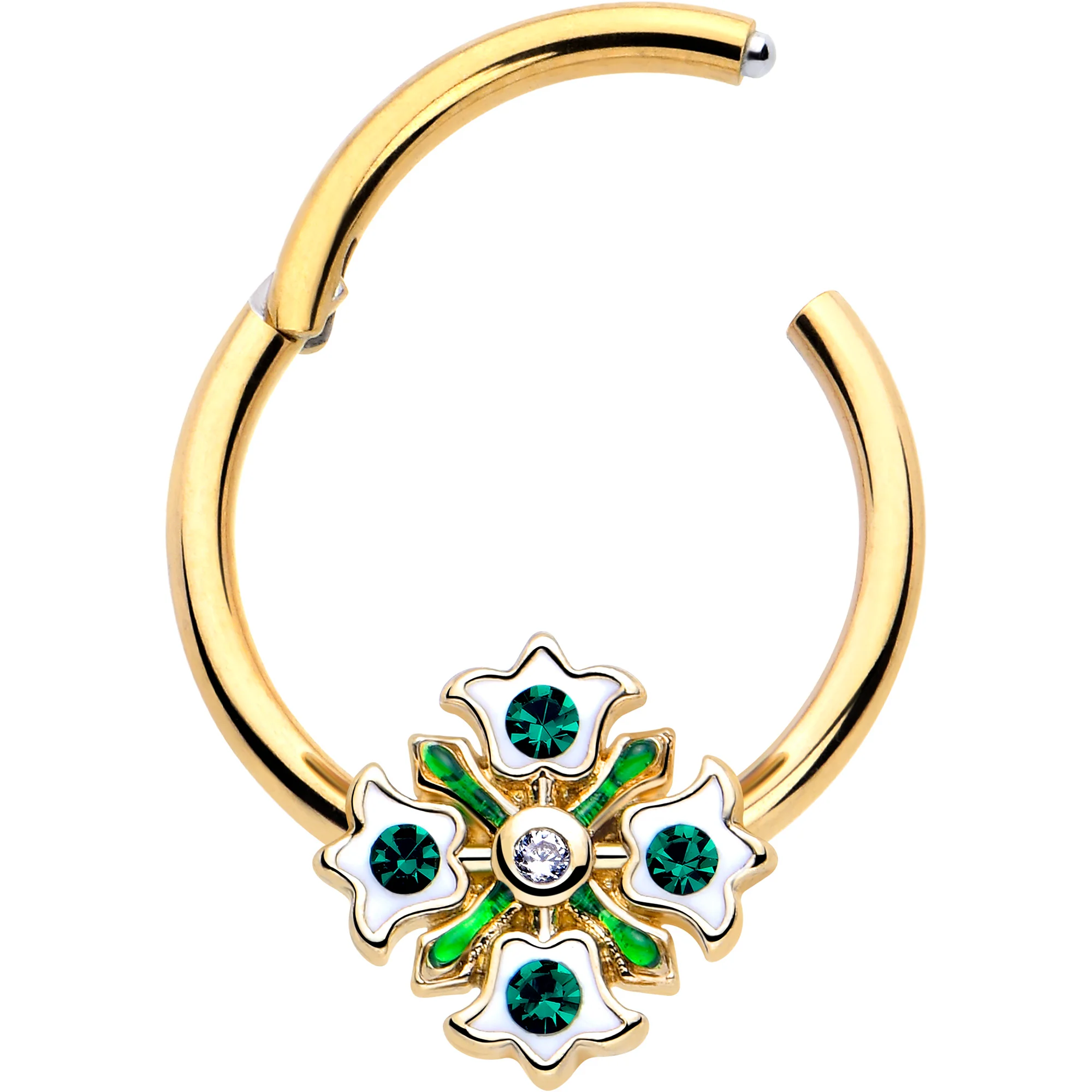 16G 3/8 Green Gem Gold Tone Flower Wreath Hinged Segment Ring - Image 2