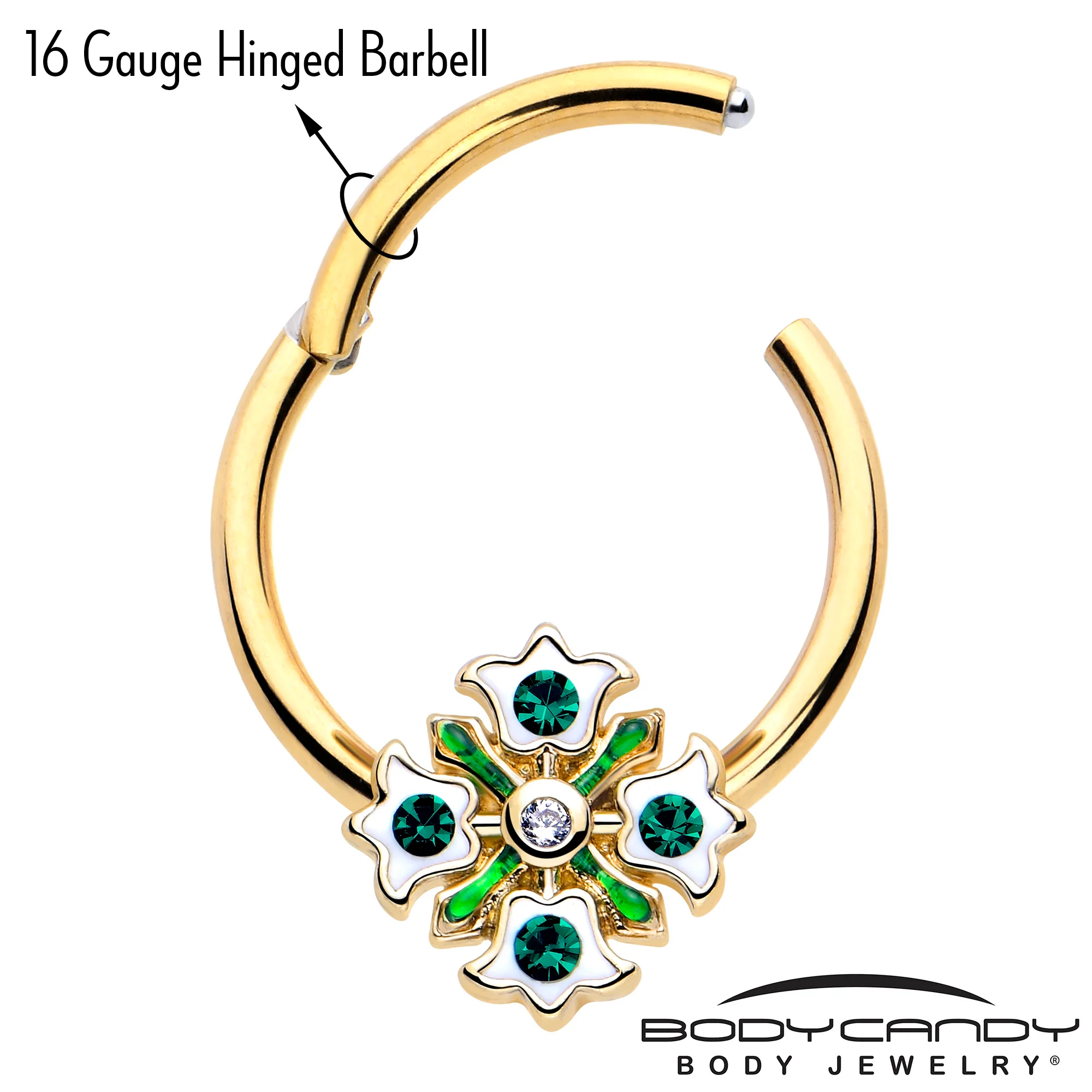 16G 3/8 Green Gem Gold Tone Flower Wreath Hinged Segment Ring - Image 3