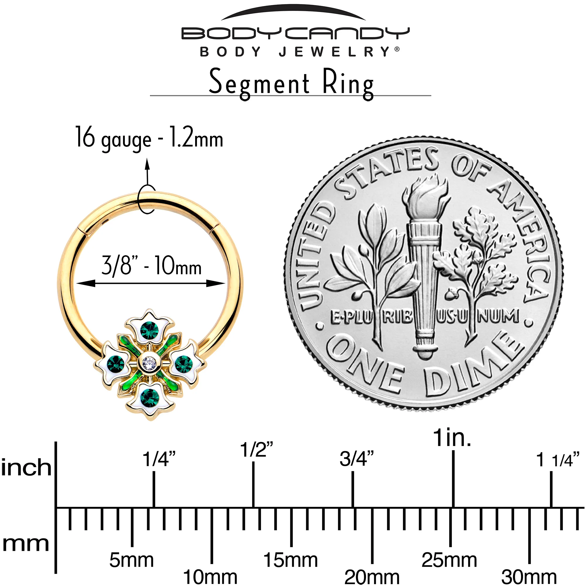 16G 3/8 Green Gem Gold Tone Flower Wreath Hinged Segment Ring - Image 4