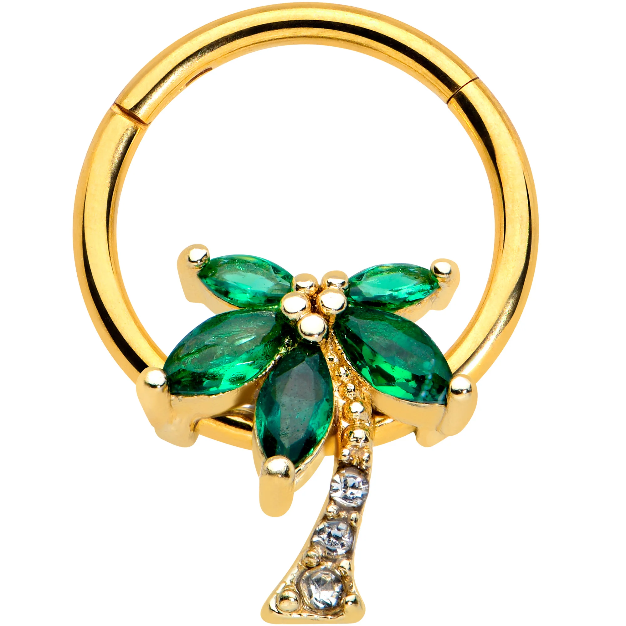 16G 3/8 Green Gem Gold Tone Palm Tree Hinged Segment Ring