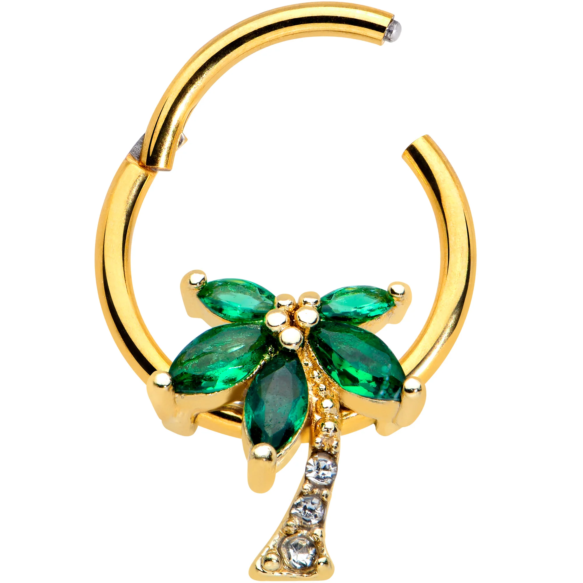 16G 3/8 Green Gem Gold Tone Palm Tree Hinged Segment Ring - Image 2