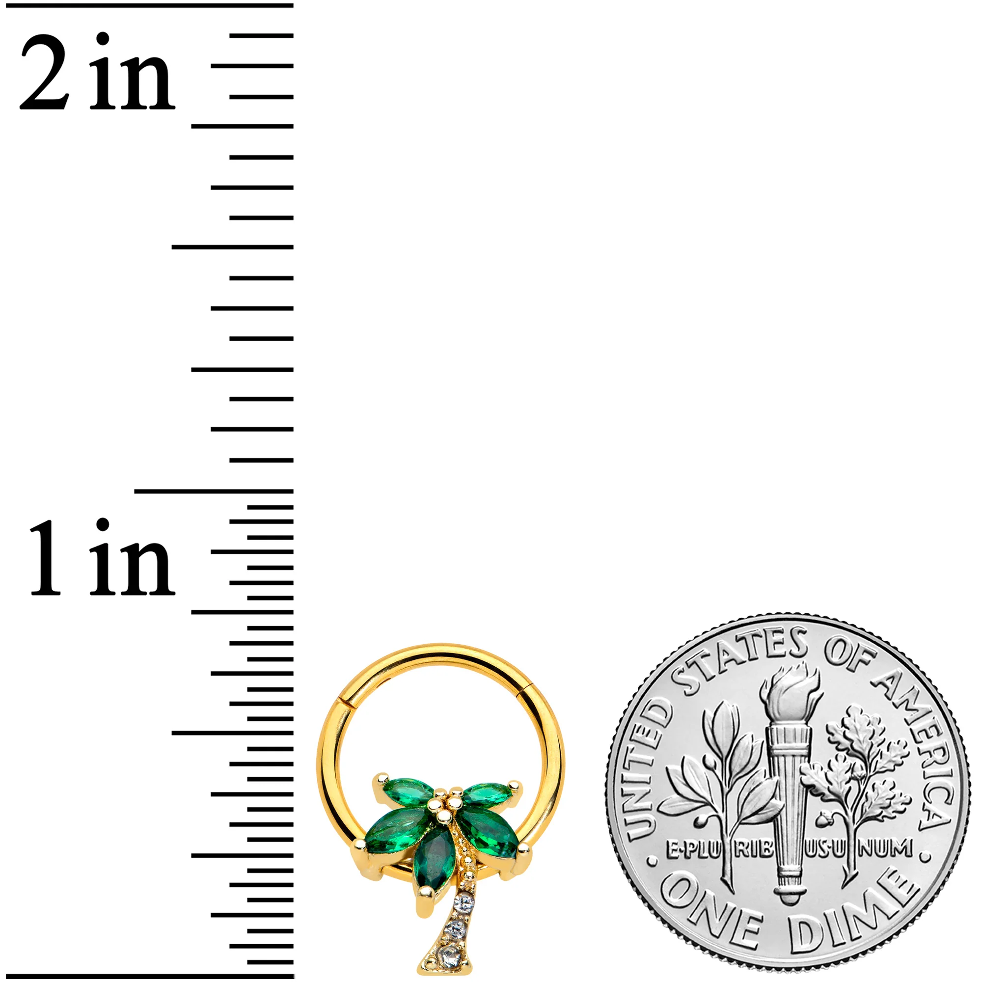 16G 3/8 Green Gem Gold Tone Palm Tree Hinged Segment Ring - Image 3