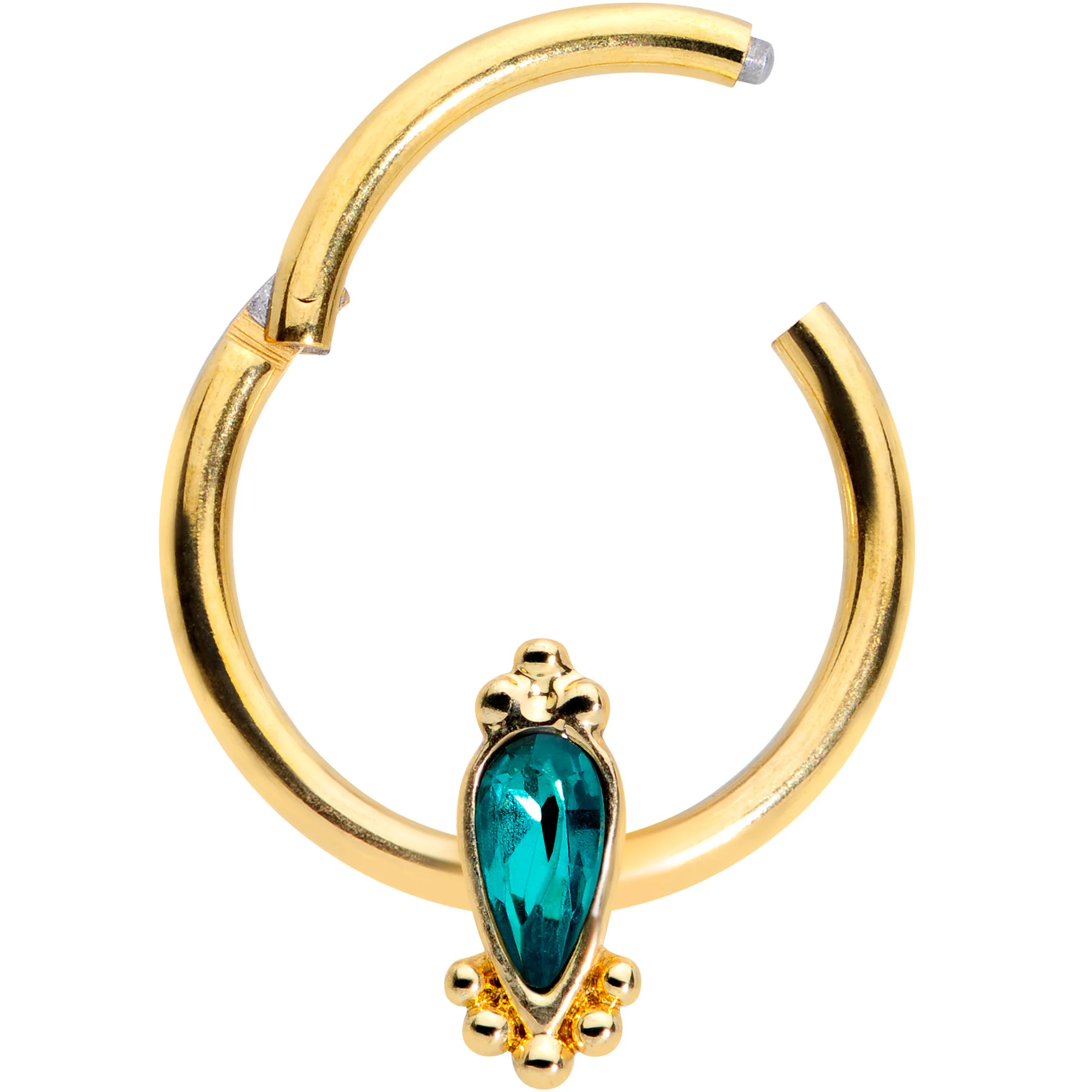 16G 3/8 Green Gem Gold Tone Teardrop Hinged Segment Ring - Image 2
