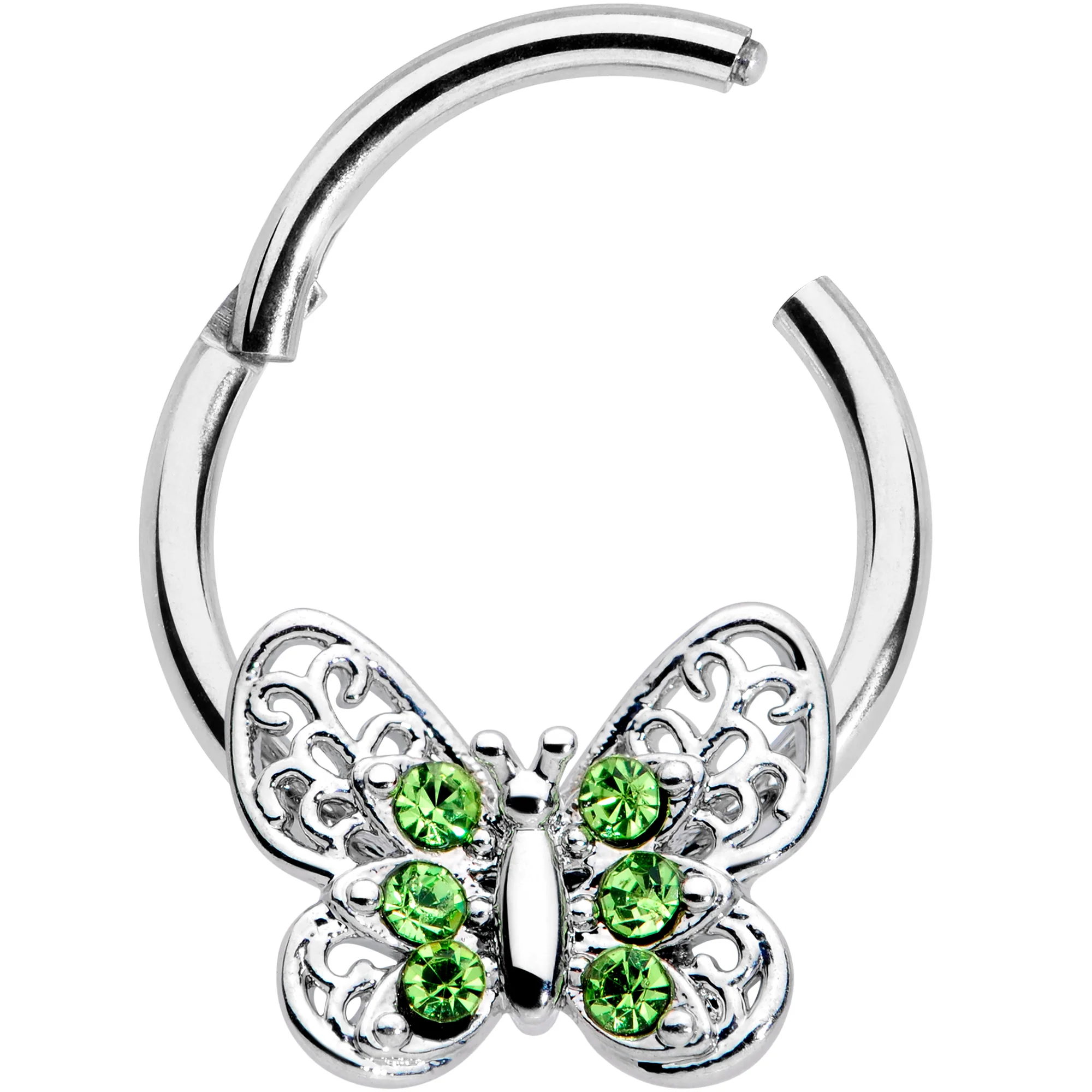 16G 3/8 Green Gem Lacy Butterfly Hinged Segment Ring - Image 2