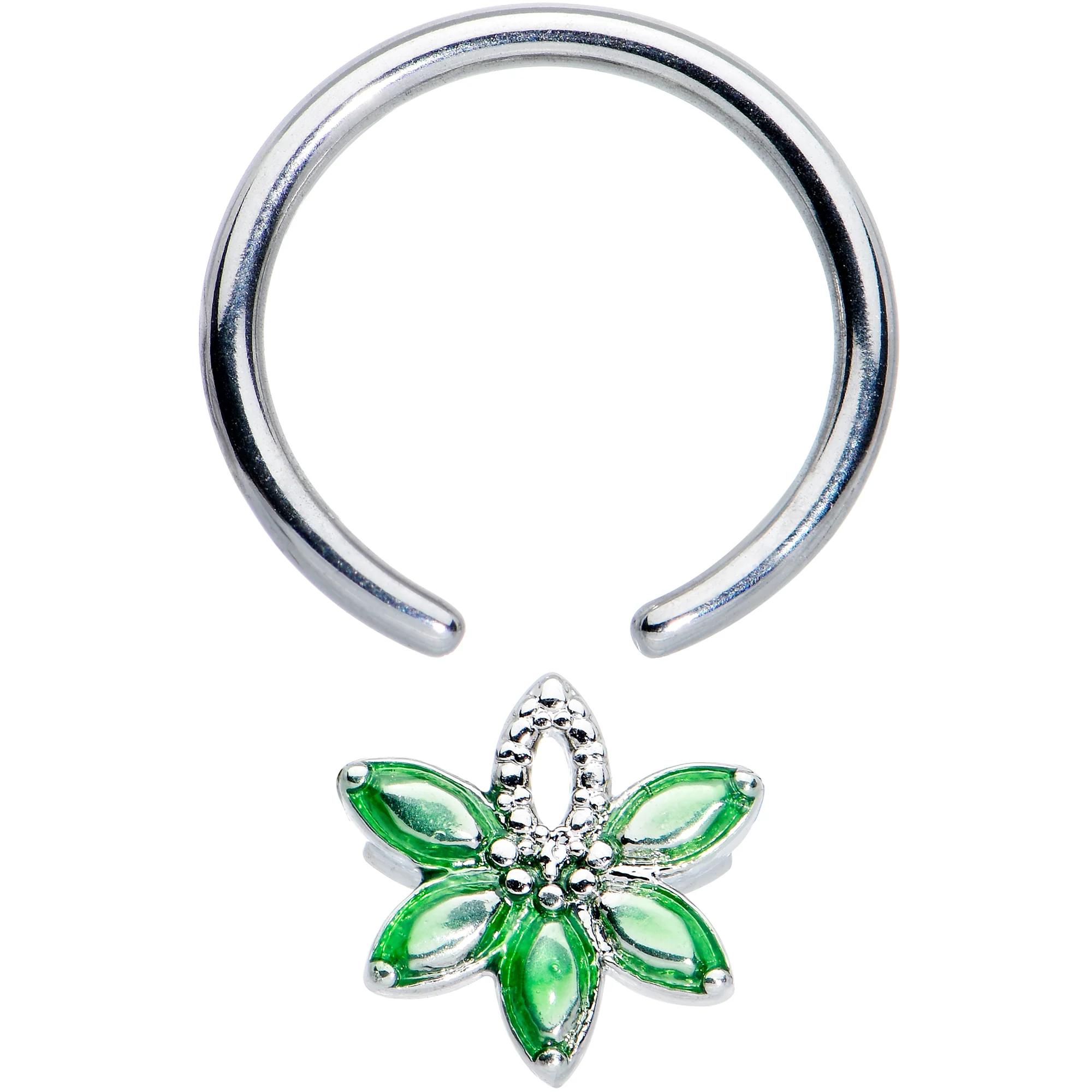 16G 3/8 Green Gem Texture Loopy Pot Leaf BCR Captive Ring - Image 2