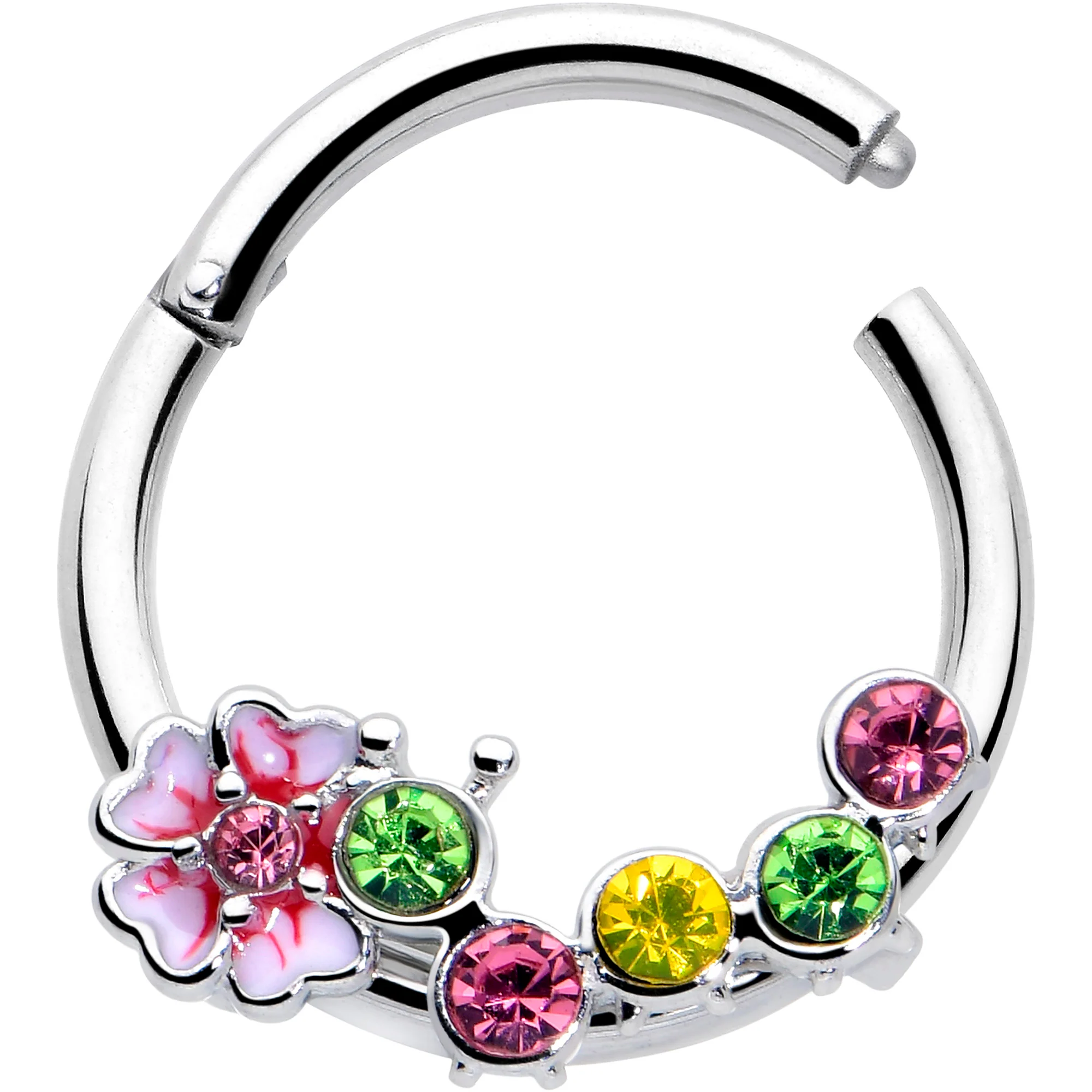 16G 3/8 Green Pink CZ Gem Caterpillar Flower Hinged Segment Ring - Image 2