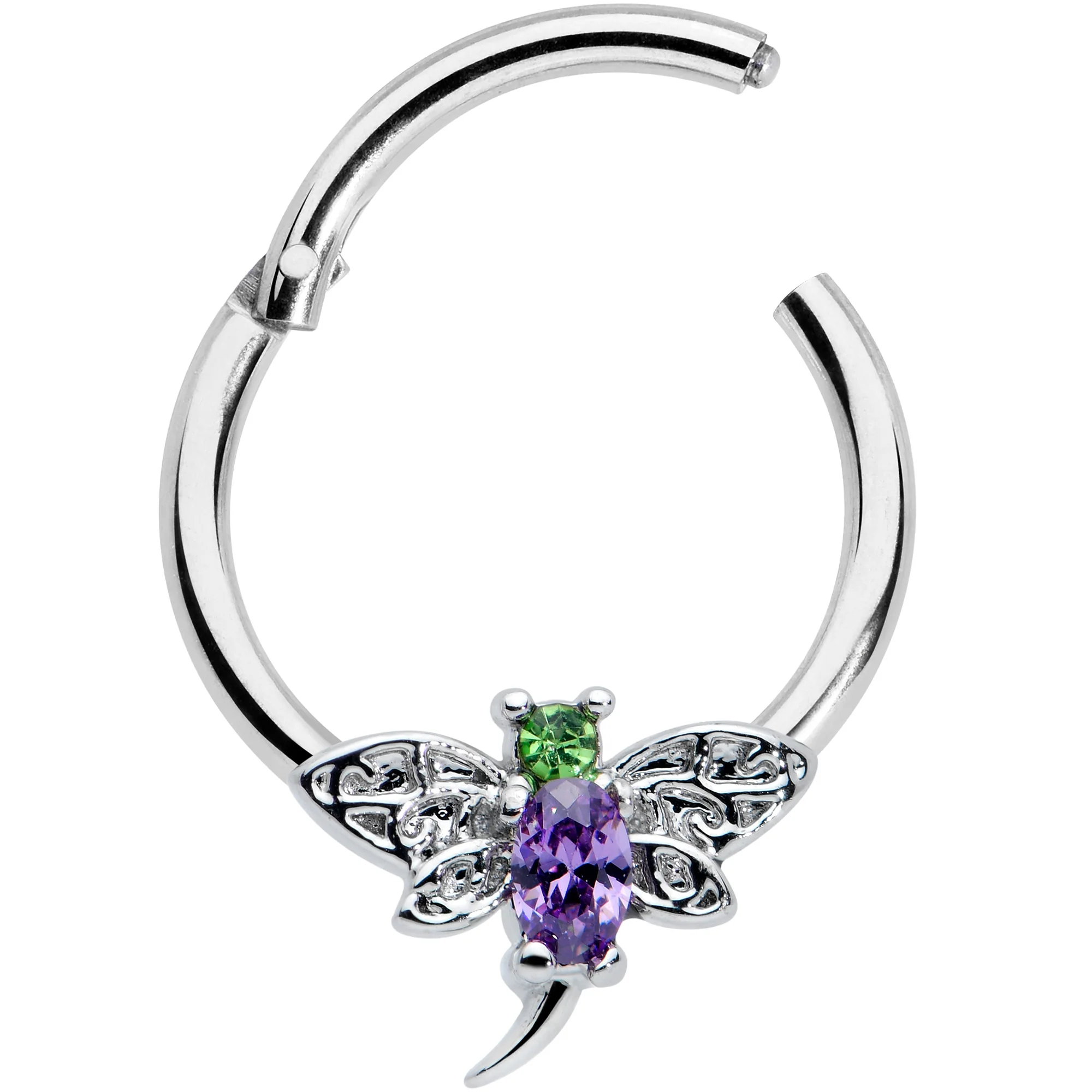 16G 3/8 Green Purple Gem Dragonfly Hinged Segment Ring - Image 2
