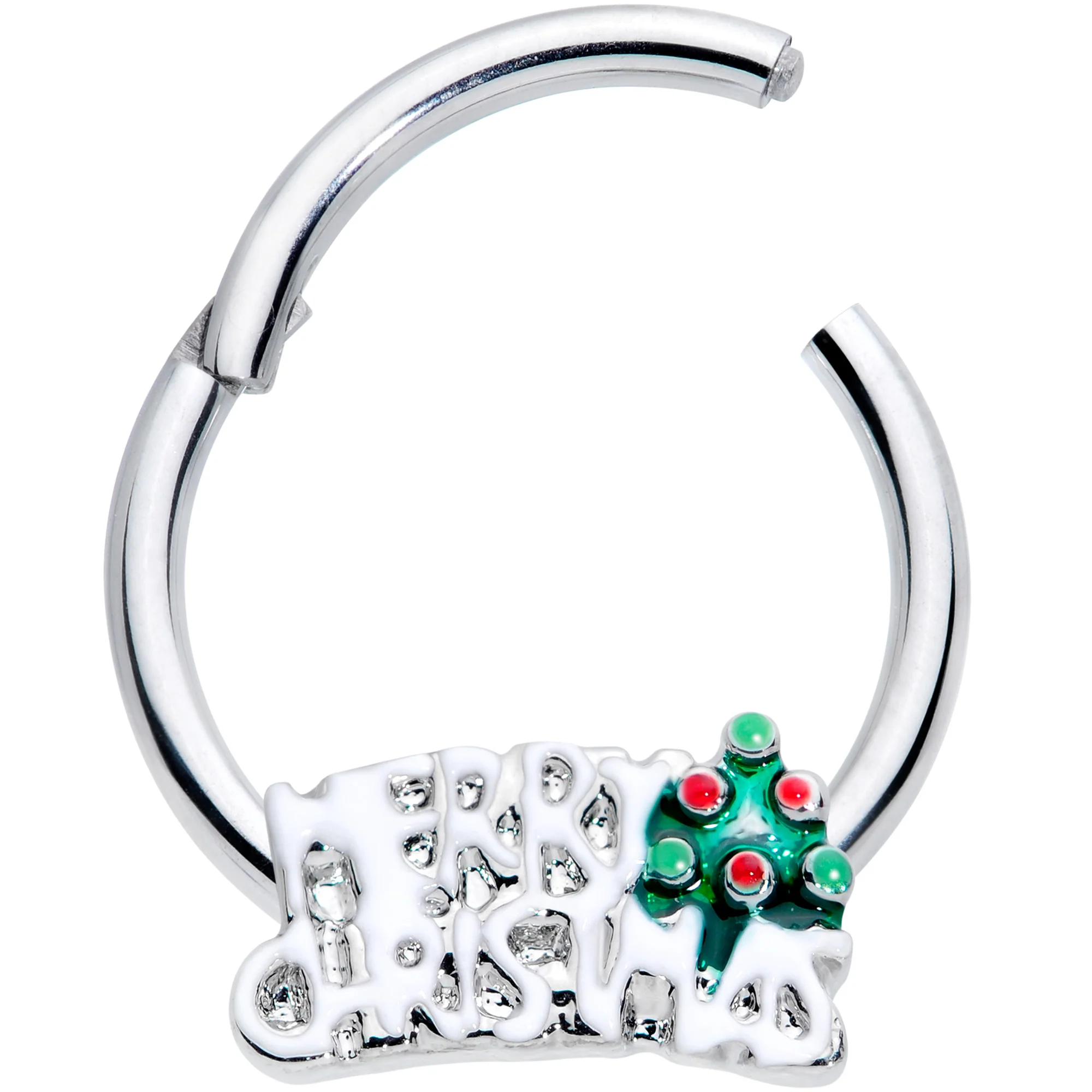 16G 3/8 Green Red Gem White Merry Christmas Hinged Segment Ring - Image 2