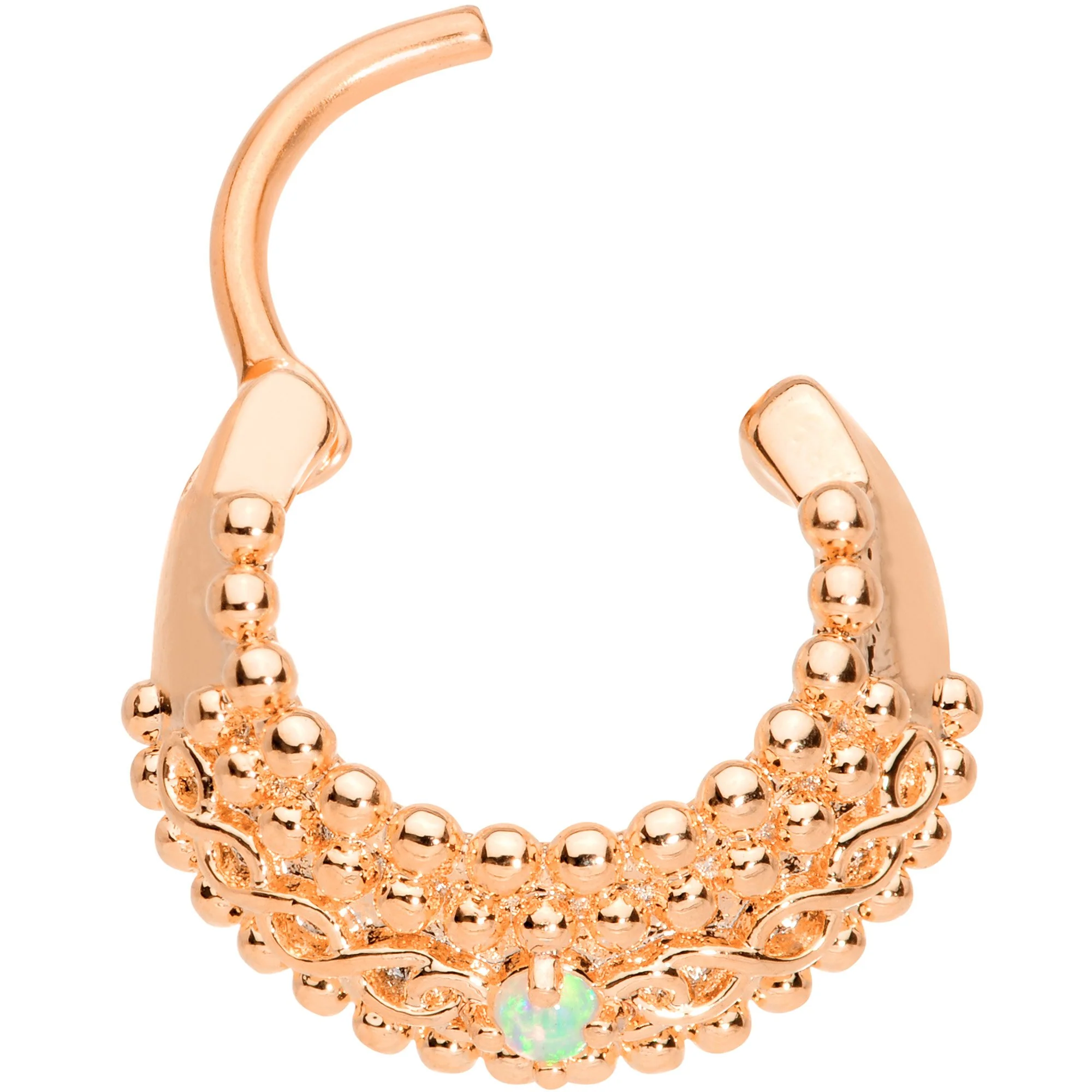 16G 3/8 Green Synthetic Opal Rose Gold Tone Hinged Septum Ring - Image 2