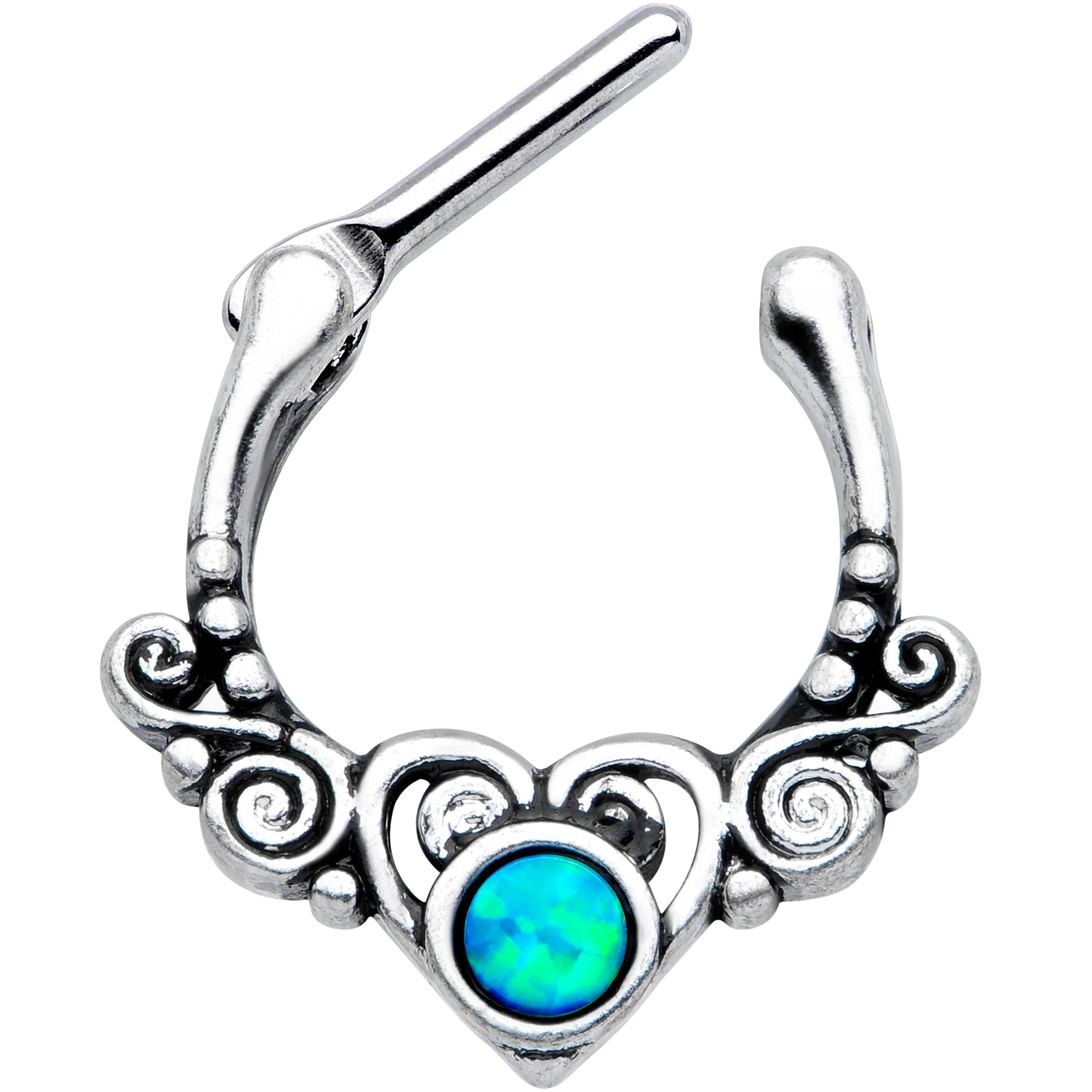 16G 3/8 Green Synthetic Opal Winged Heart Cartilage Clicker - Image 3