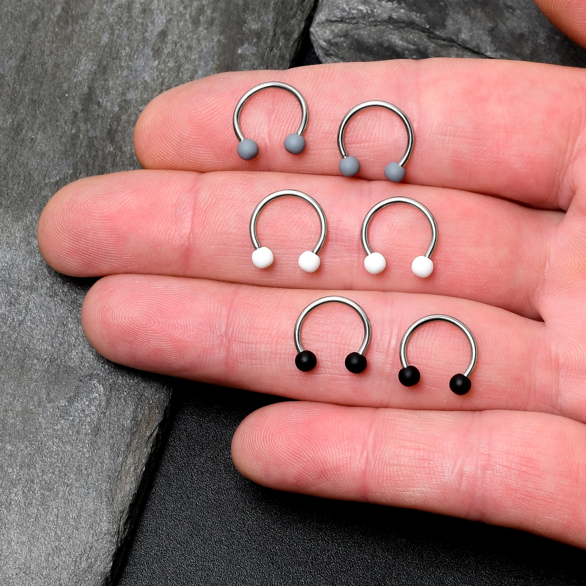 16G 3/8 Matte Black White Grey Horseshoe Circular Barbell Set of 6 - Image 2