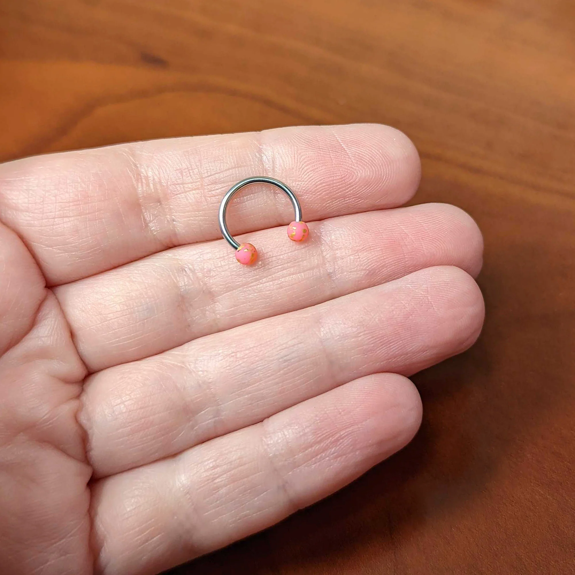 16G 3/8 Matte Pink Splatter Ends Horseshoe Circular Barbell - Image 3
