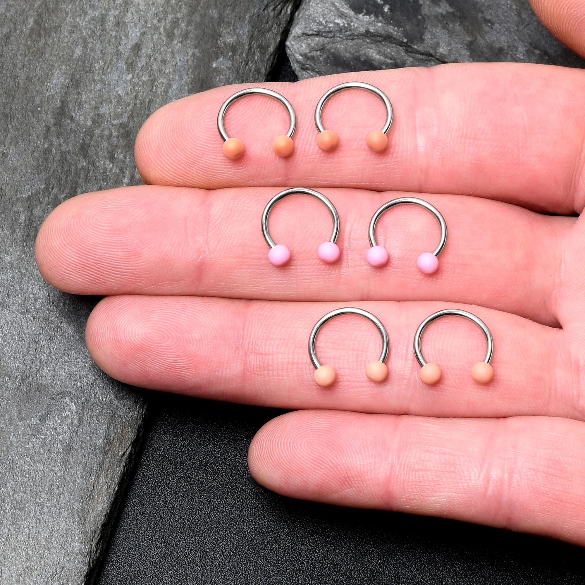16G 3/8 Matte Pinks Peach Horseshoe Circular Barbell Set of 6 - Image 2
