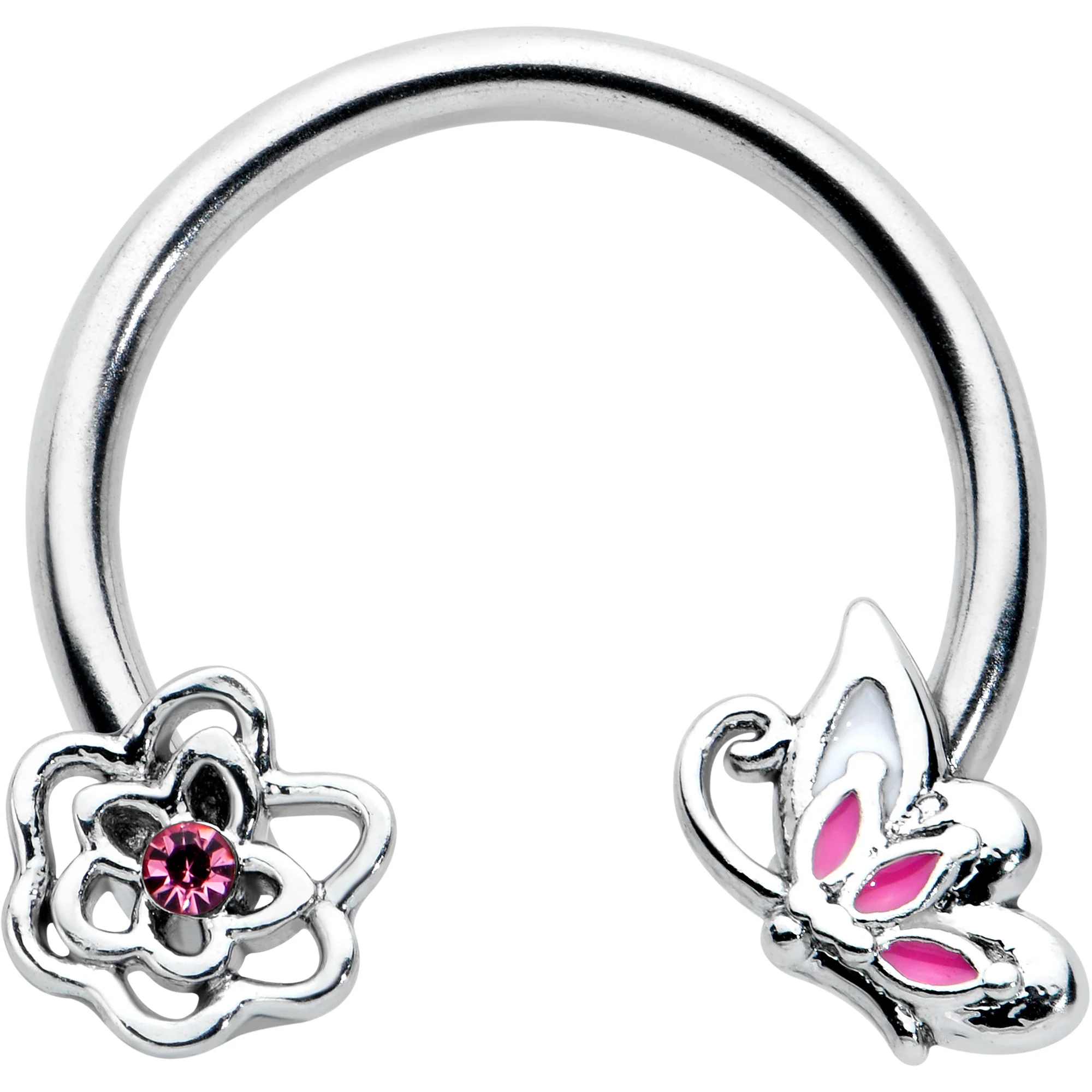 16G 3/8 Pink Butterfly Pink Gem Flower Horseshoe Circular Barbell