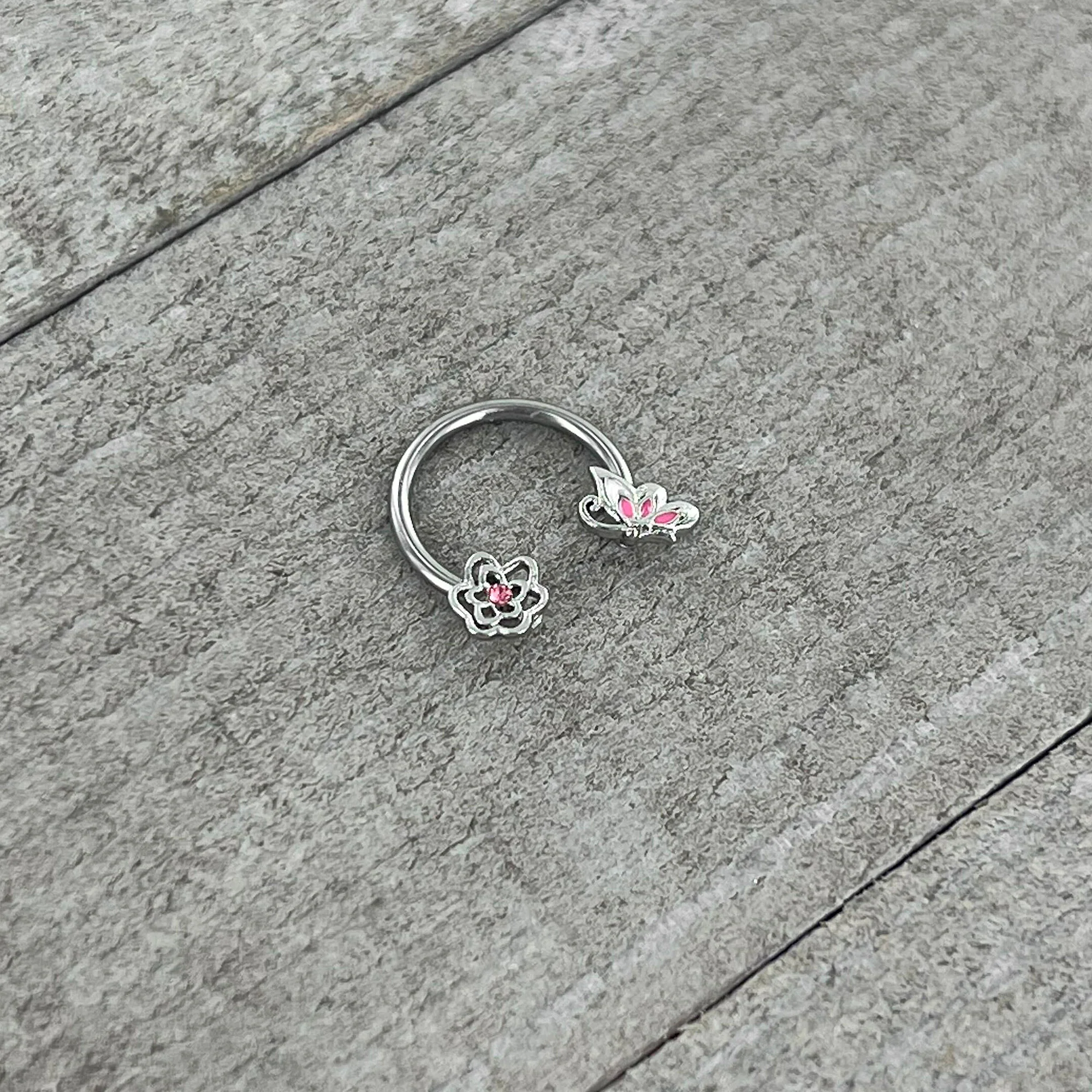 16G 3/8 Pink Butterfly Pink Gem Flower Horseshoe Circular Barbell - Image 4