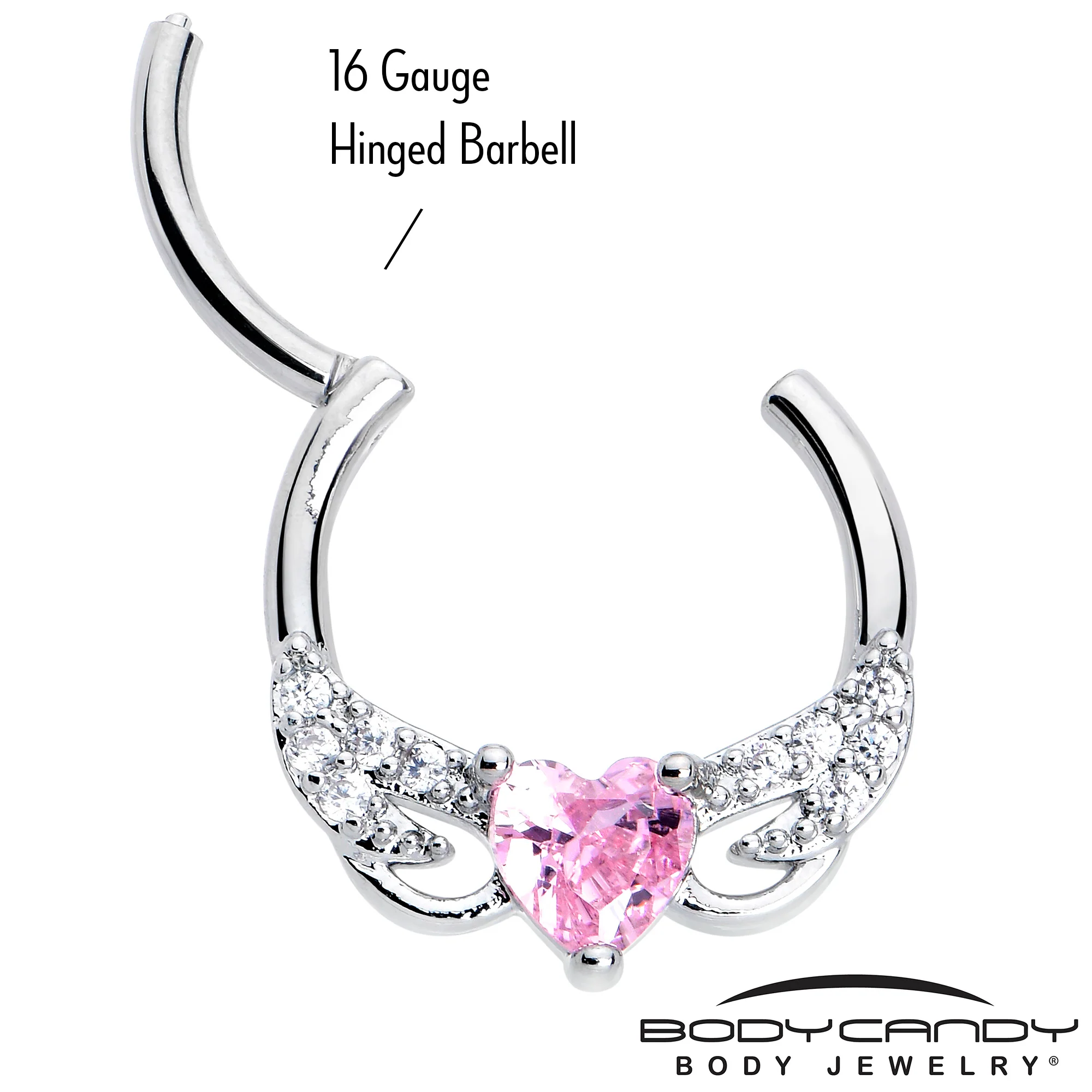 16G 3/8 Pink Clear CZ Gem Flying Heart Hinged Segment Ring - Image 3