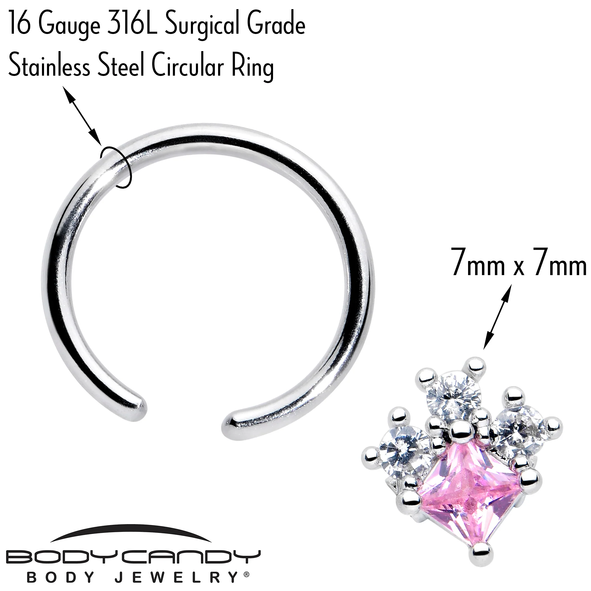 16G 3/8 Pink Clear CZ Gem Rhombus Riot BCR Captive Ring - Image 3