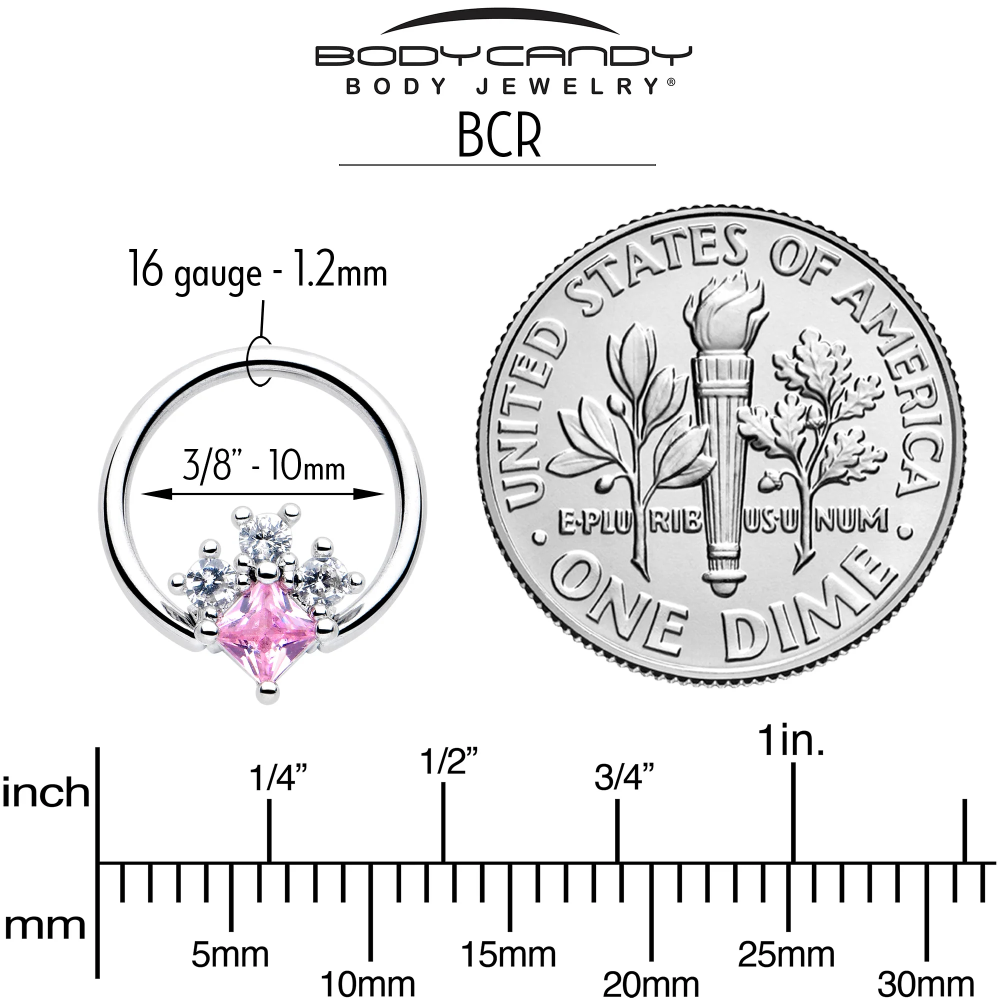 16G 3/8 Pink Clear CZ Gem Rhombus Riot BCR Captive Ring - Image 4