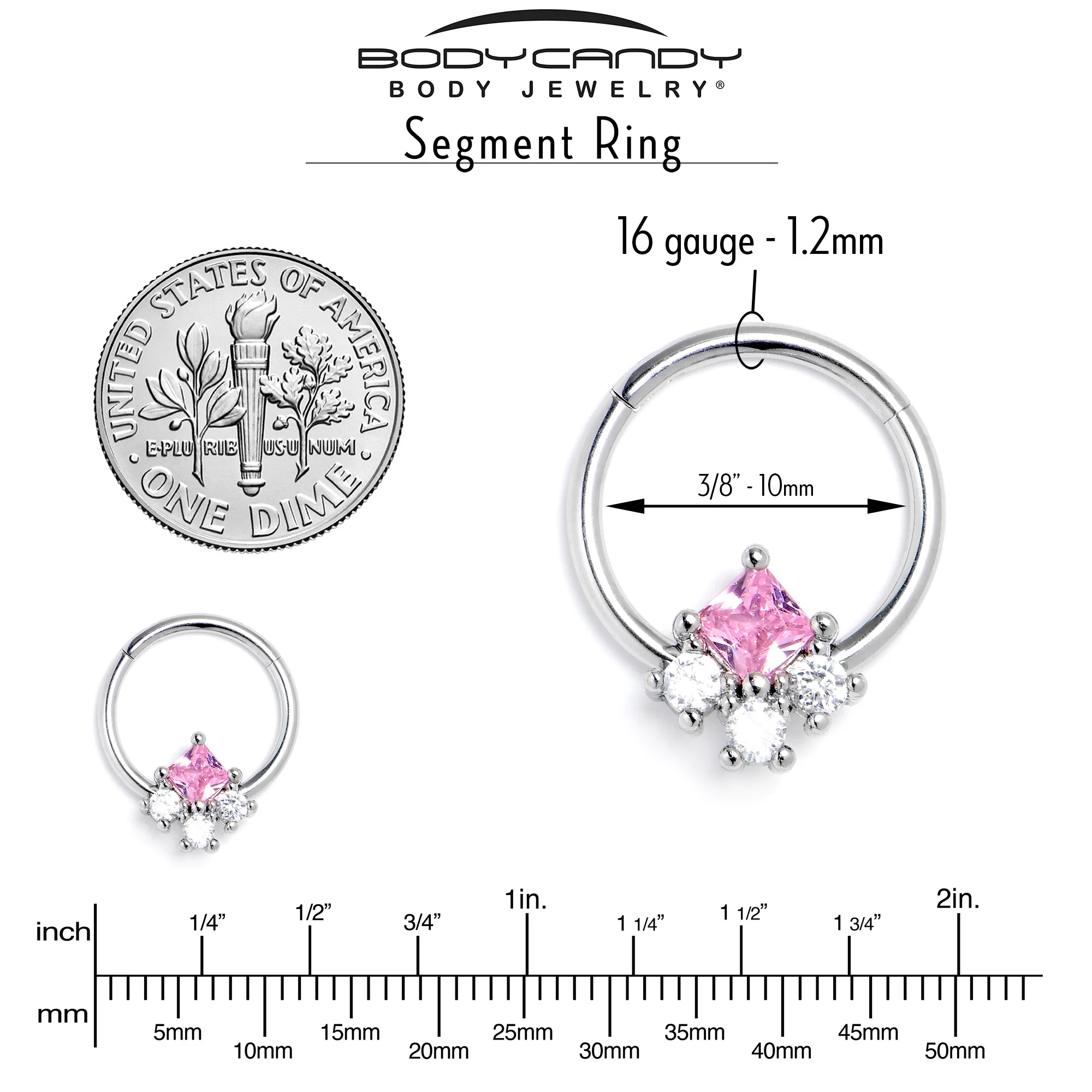 16G 3/8 Pink Clear CZ Gem Rhombus Riot Hinged Segment Ring - Image 4