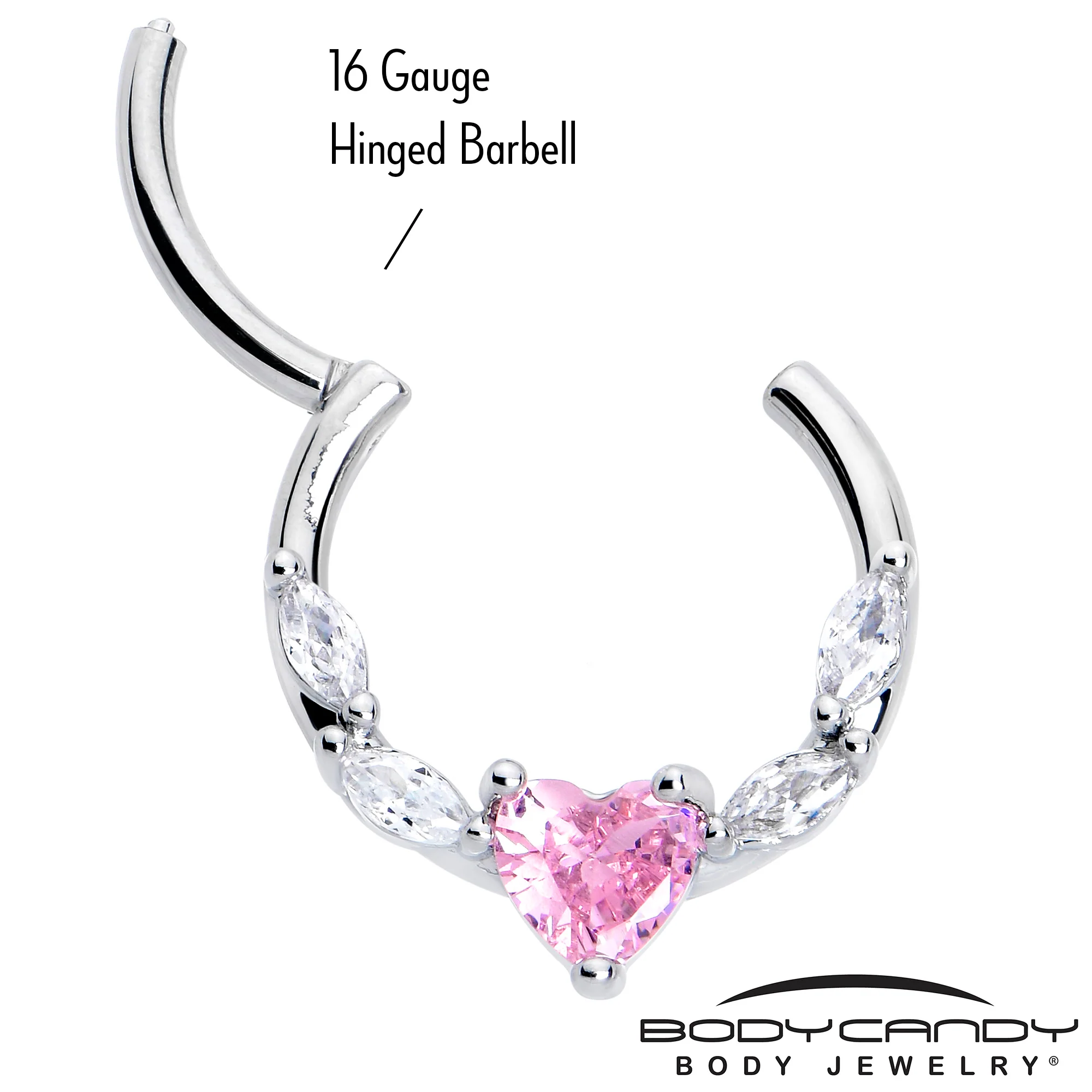 16G 3/8 Pink Clear CZ Gem Simply Heart Hinged Segment Ring - Image 3