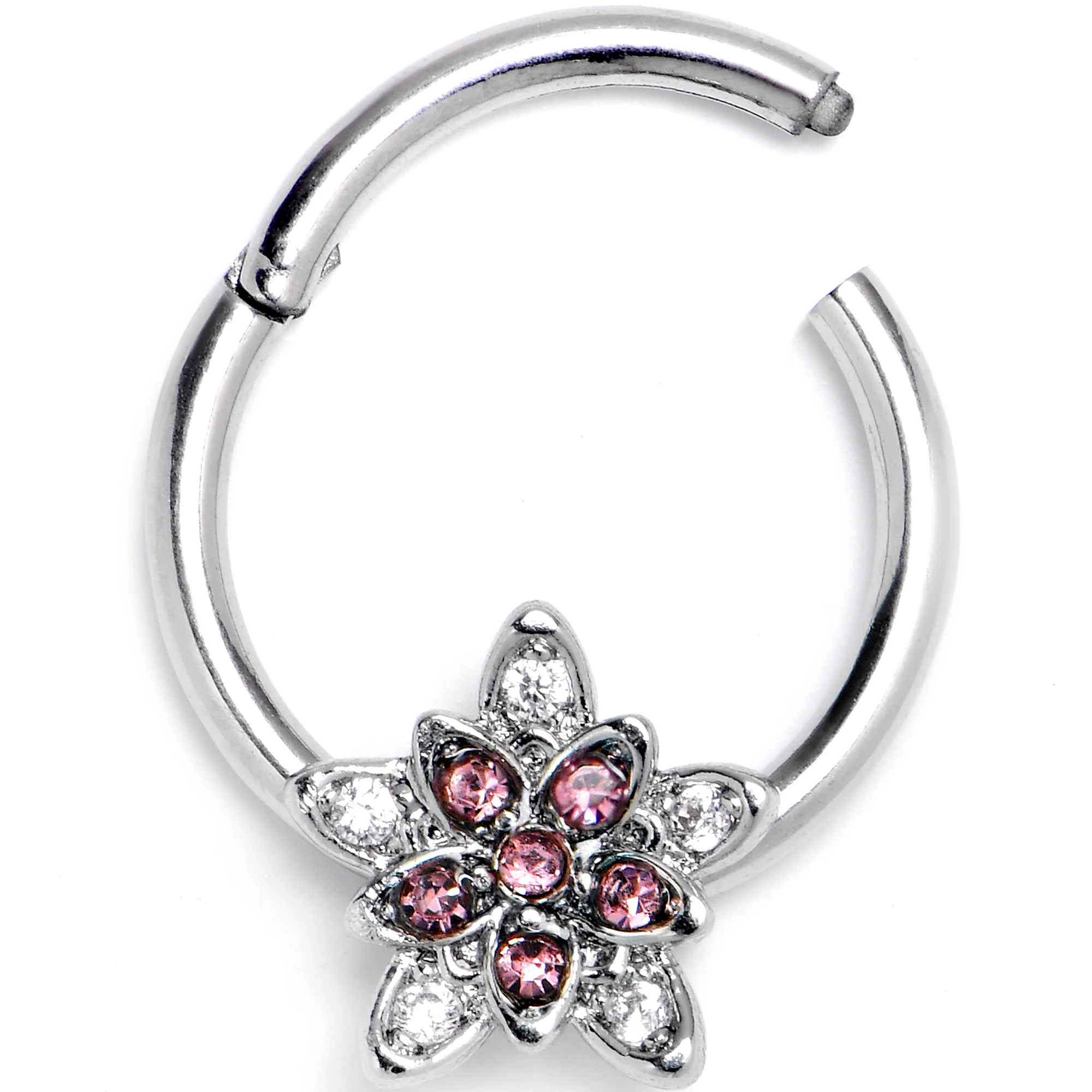 16G 3/8 Pink Clear CZ Gem Snowflake Flower Hinged Segment Ring - Image 2
