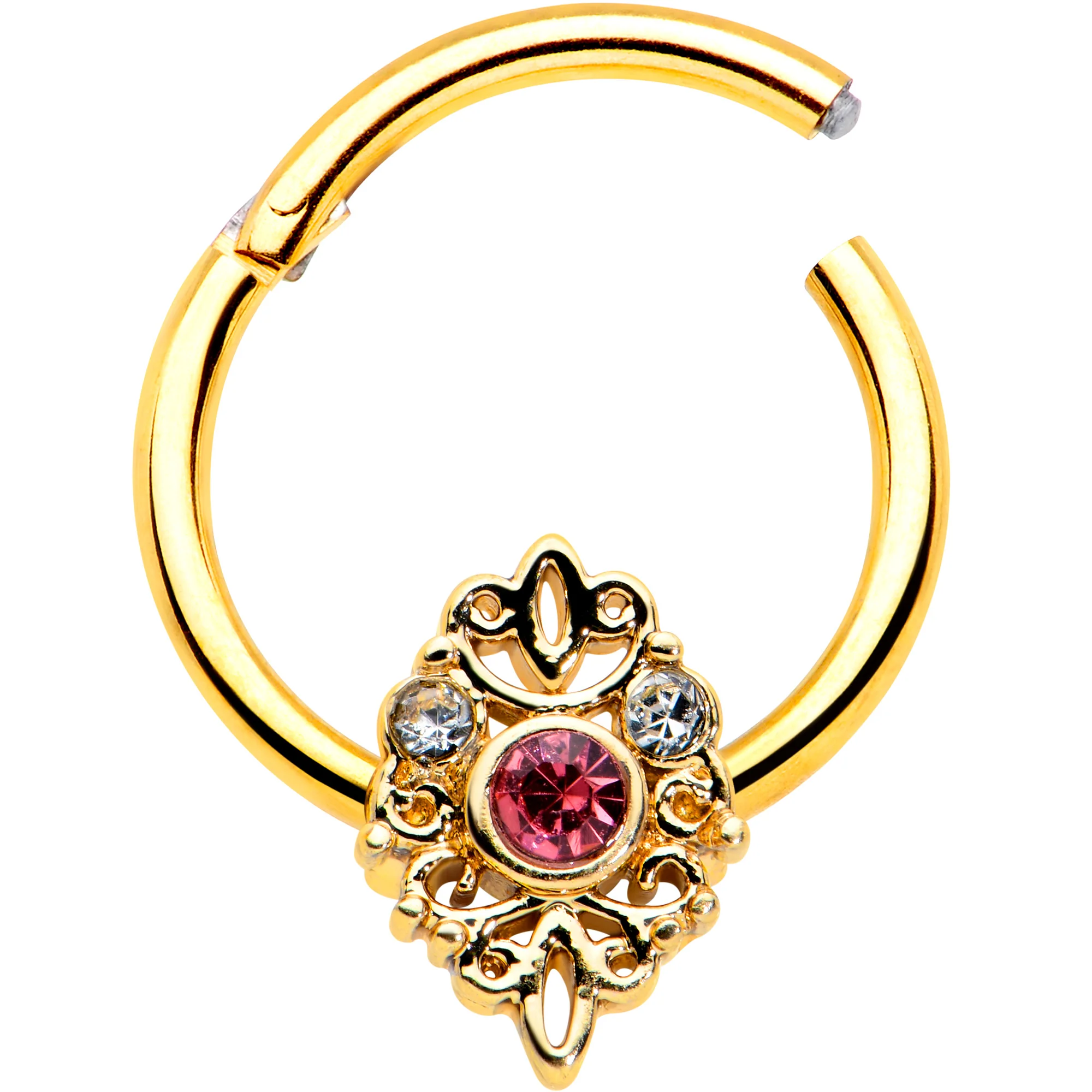 16G 3/8 Pink Clear Gem Gold Tone Lace Love Hinged Segment Ring - Image 2