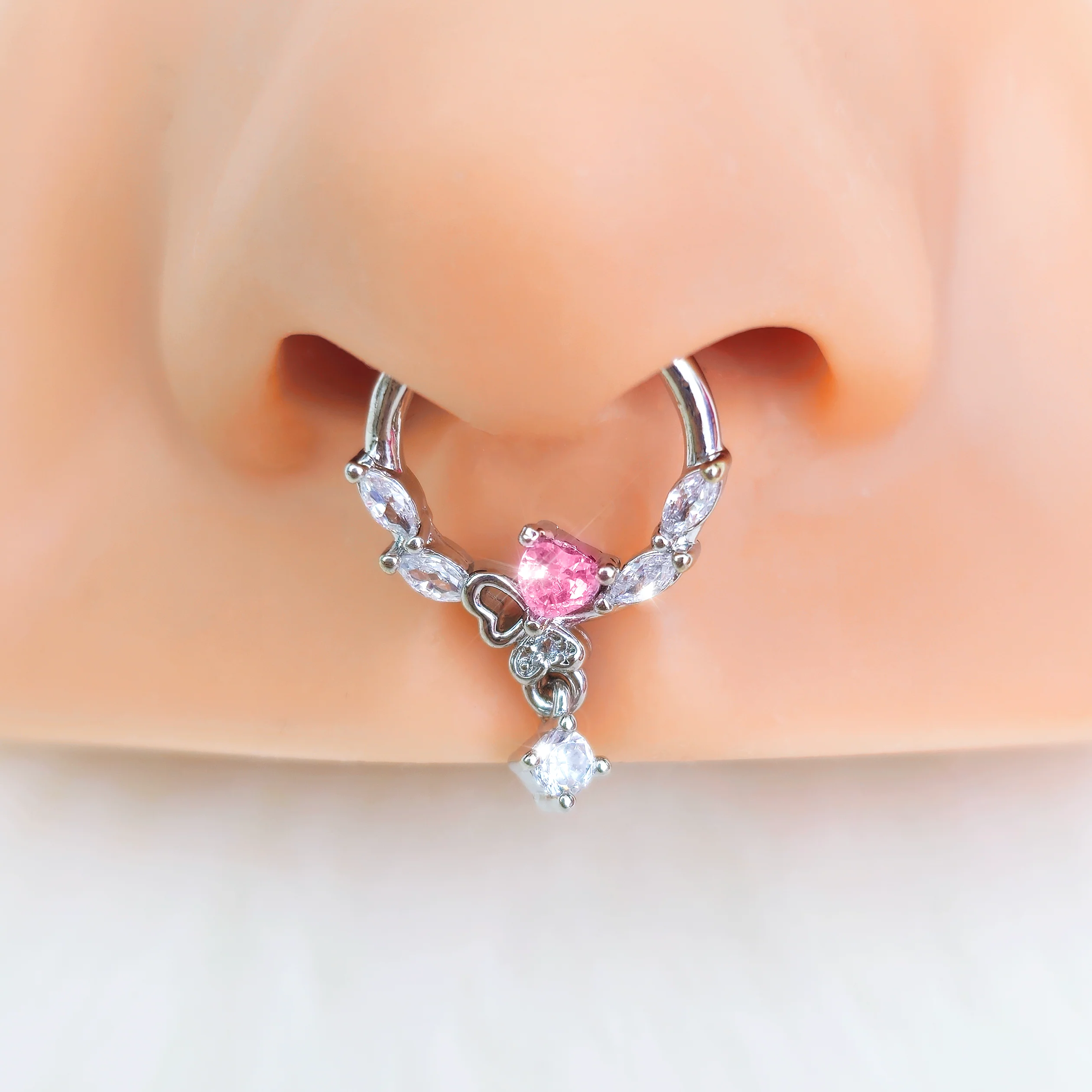 16G 3/8 Pink CZ Gem Butterfly Heart Dangle Hinged Segment Ring - Image 2