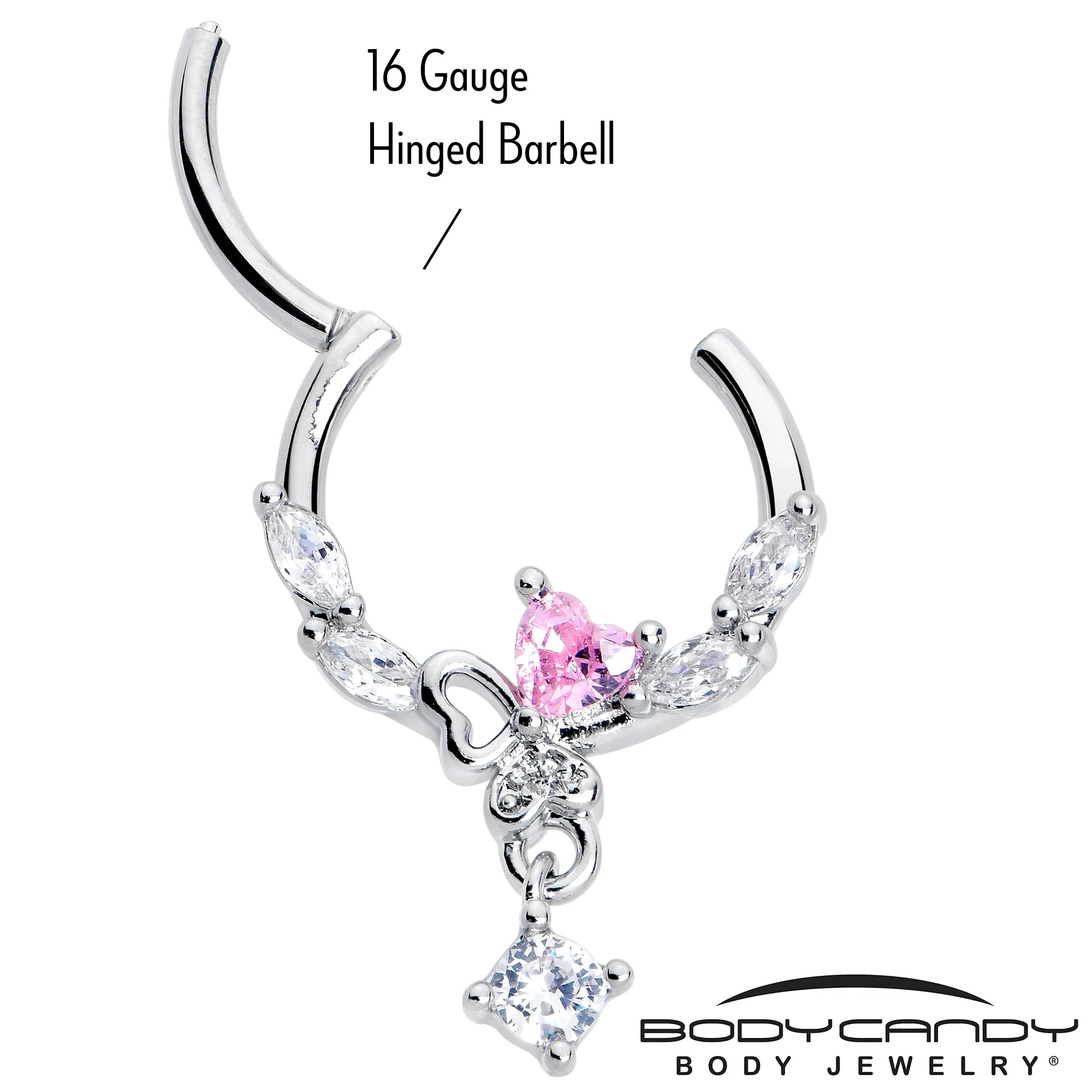 16G 3/8 Pink CZ Gem Butterfly Heart Dangle Hinged Segment Ring - Image 4