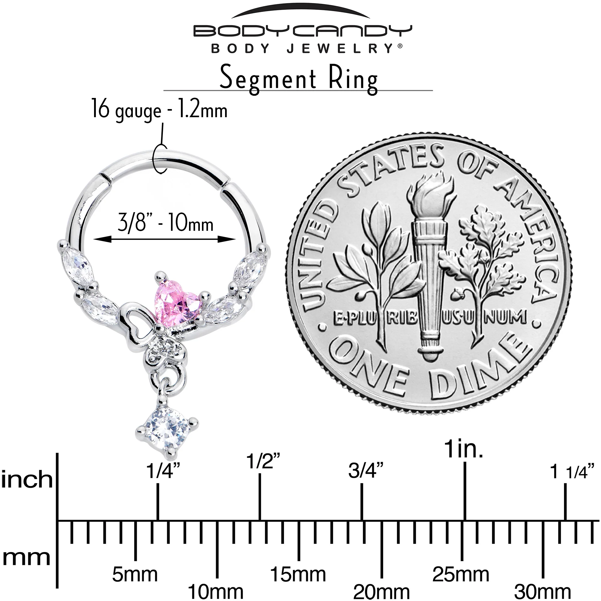 16G 3/8 Pink CZ Gem Butterfly Heart Dangle Hinged Segment Ring - Image 5