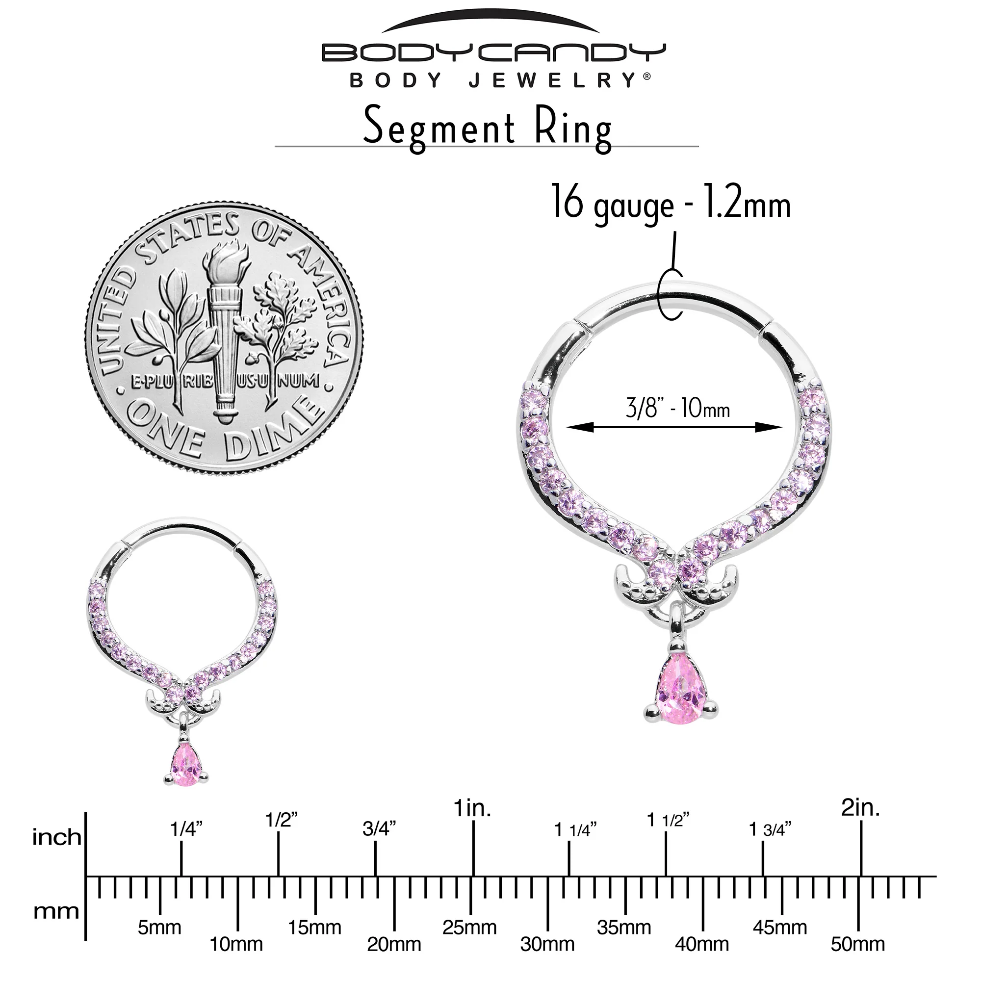 16G 3/8 Pink CZ Gem Elegant Curves Dangle Hinged Segment Ring - Image 4