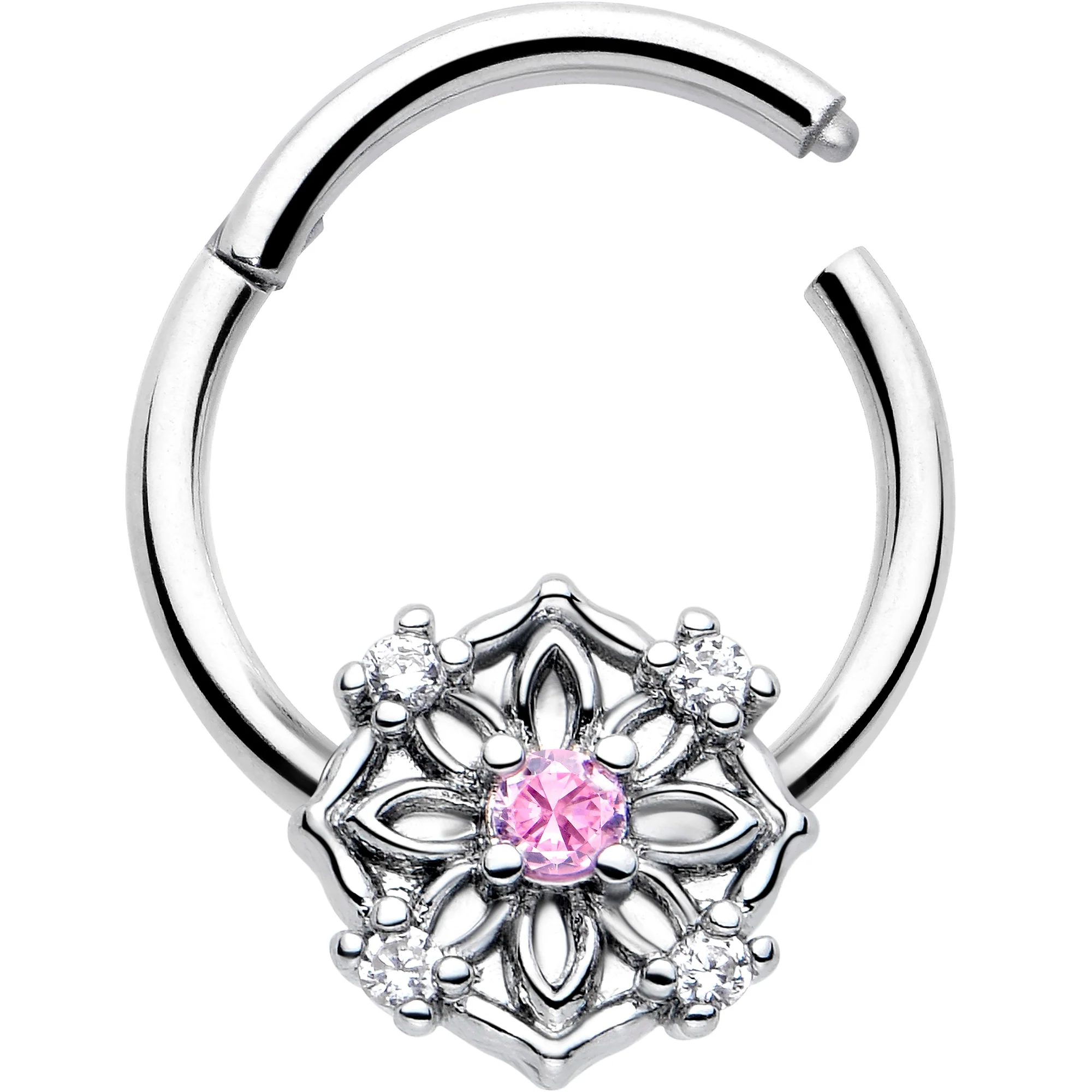 16G 3/8 Pink CZ Gem Flower Circle Hinged Segment Ring - Image 2