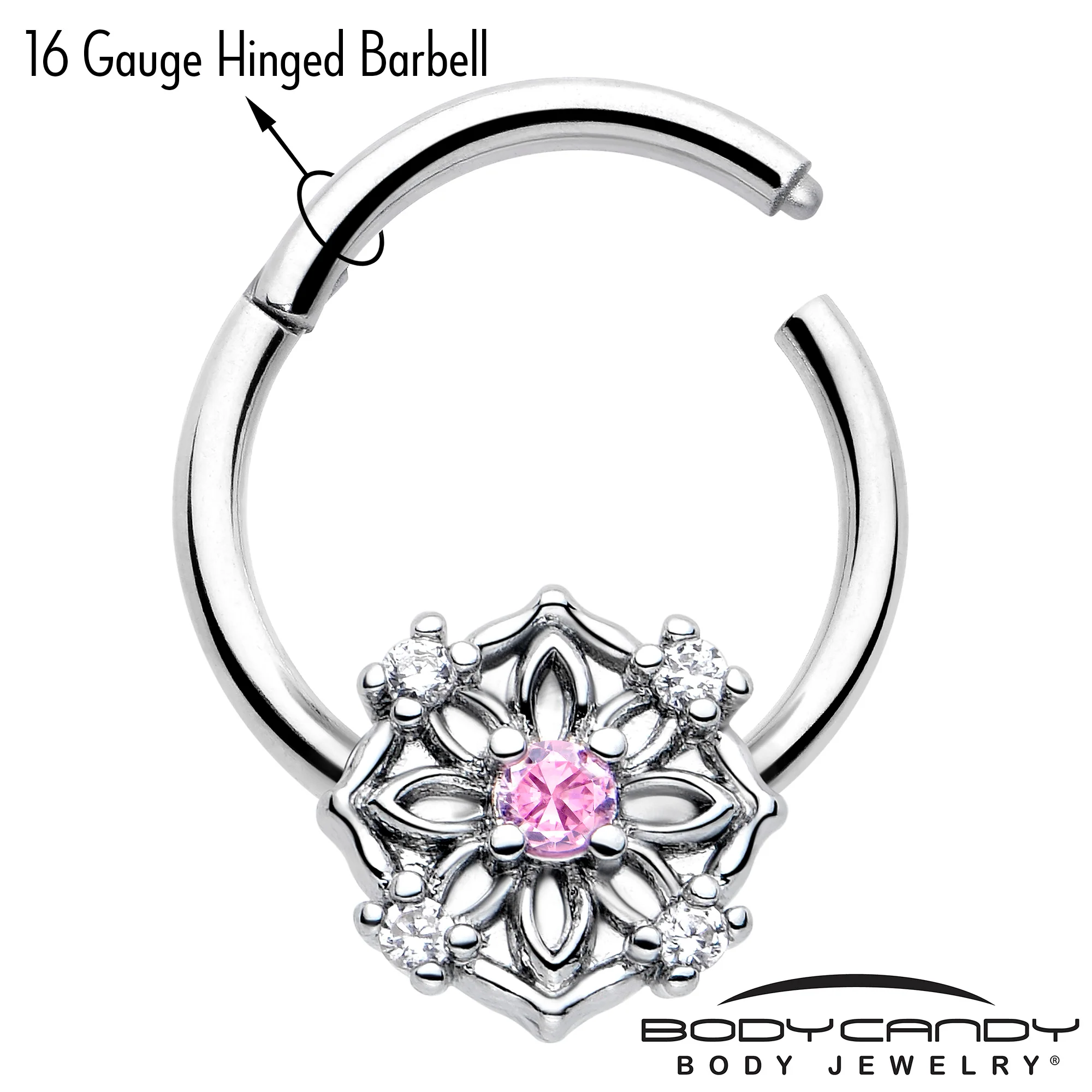 16G 3/8 Pink CZ Gem Flower Circle Hinged Segment Ring - Image 3