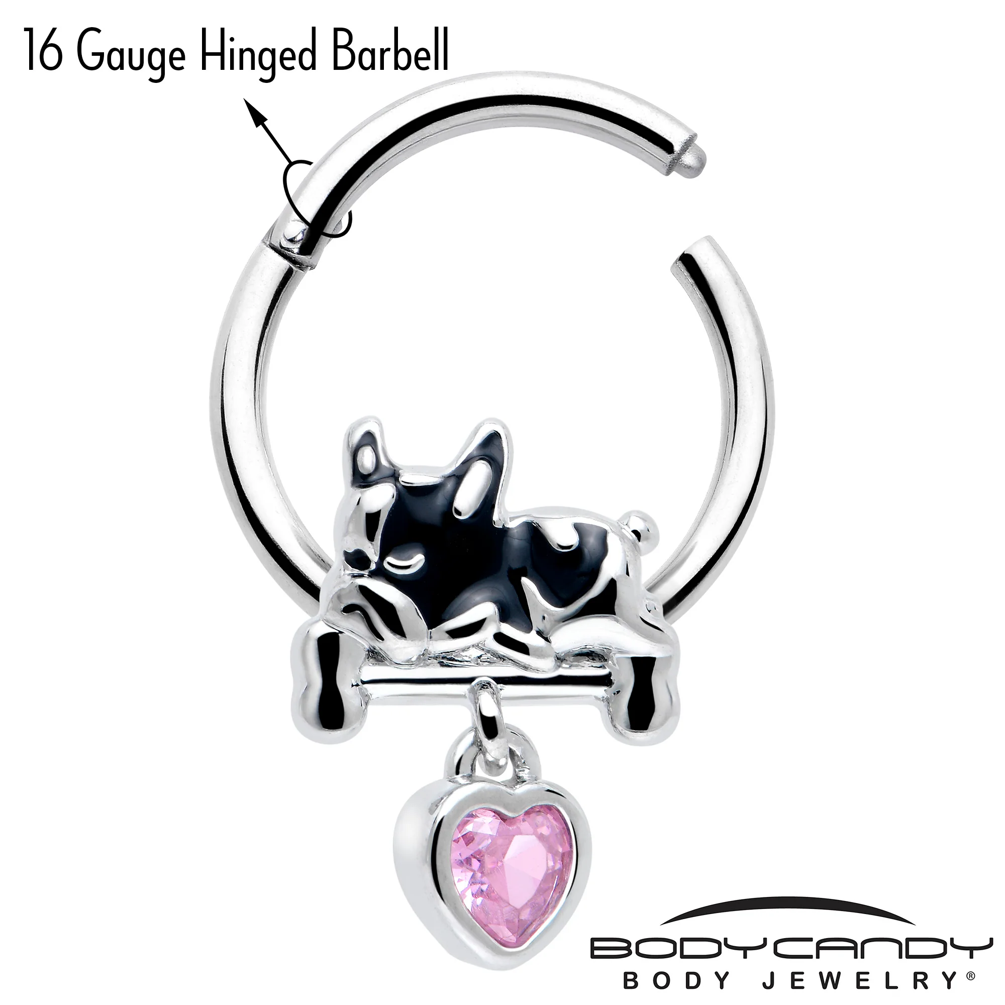 16G 3/8 Pink CZ Gem Sleepy French Bulldog Dangle Hinged Segment Ring - Image 3