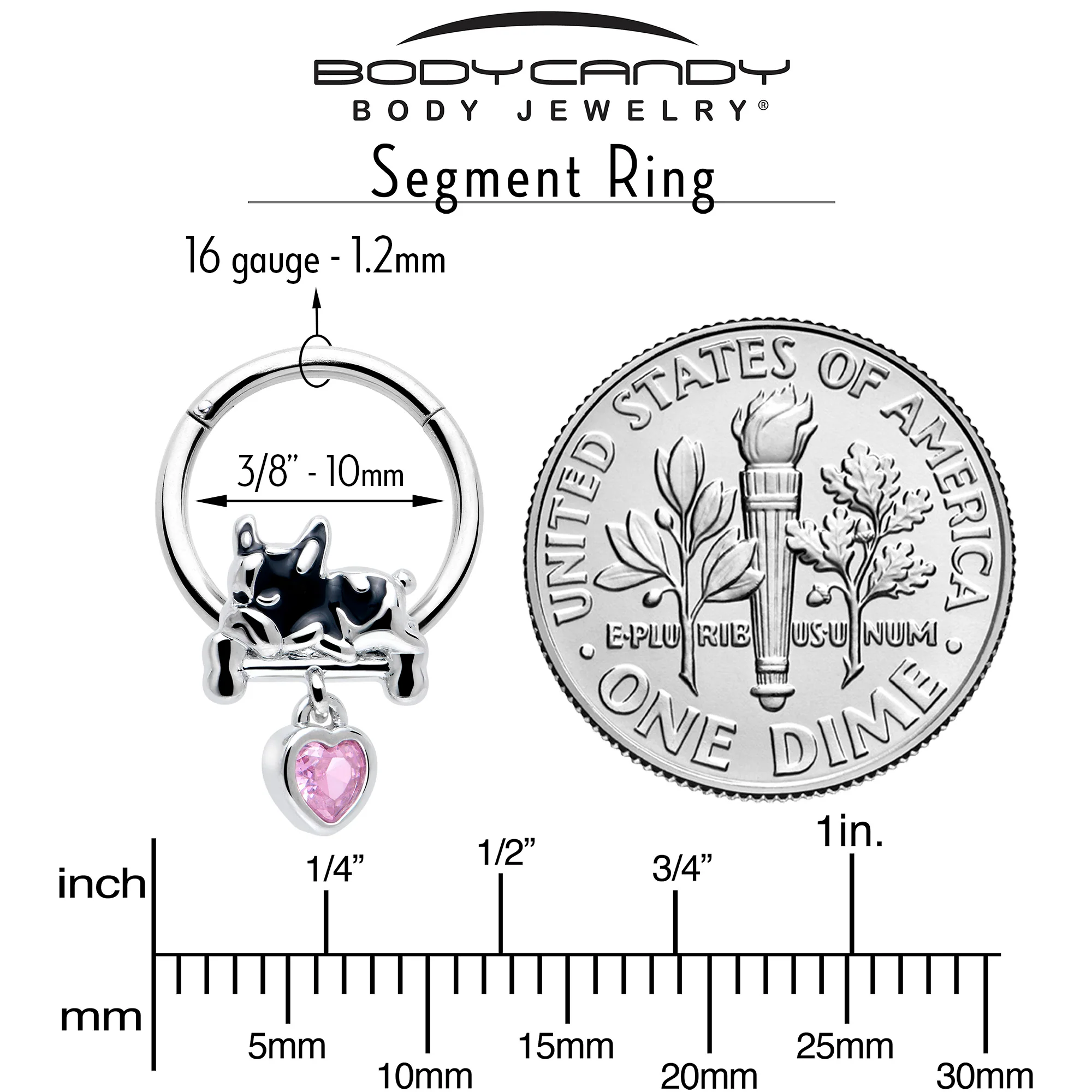 16G 3/8 Pink CZ Gem Sleepy French Bulldog Dangle Hinged Segment Ring - Image 4