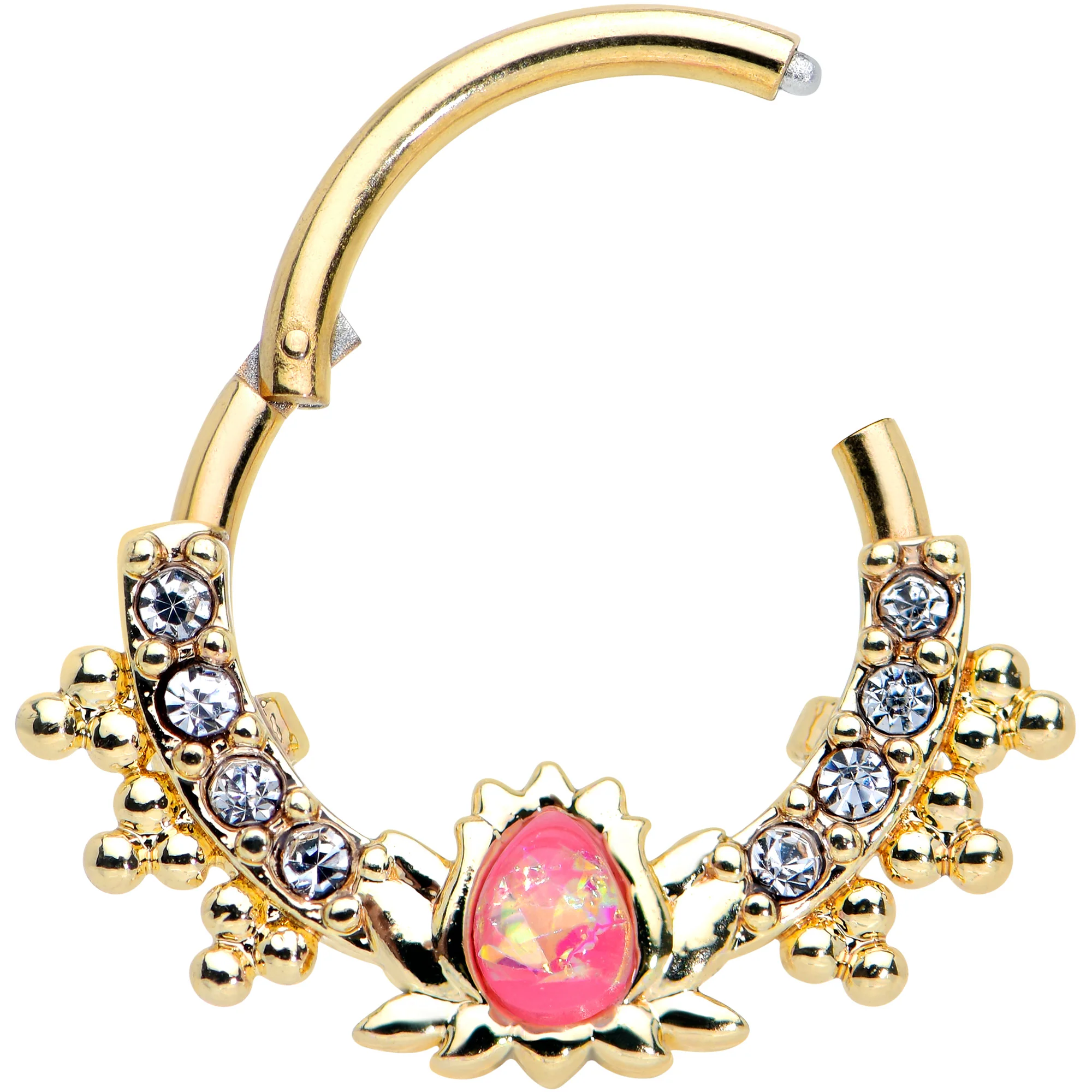 16G 3/8 Pink Faux Opal Gold Tone Style Lotus Hinged Segment Ring - Image 2
