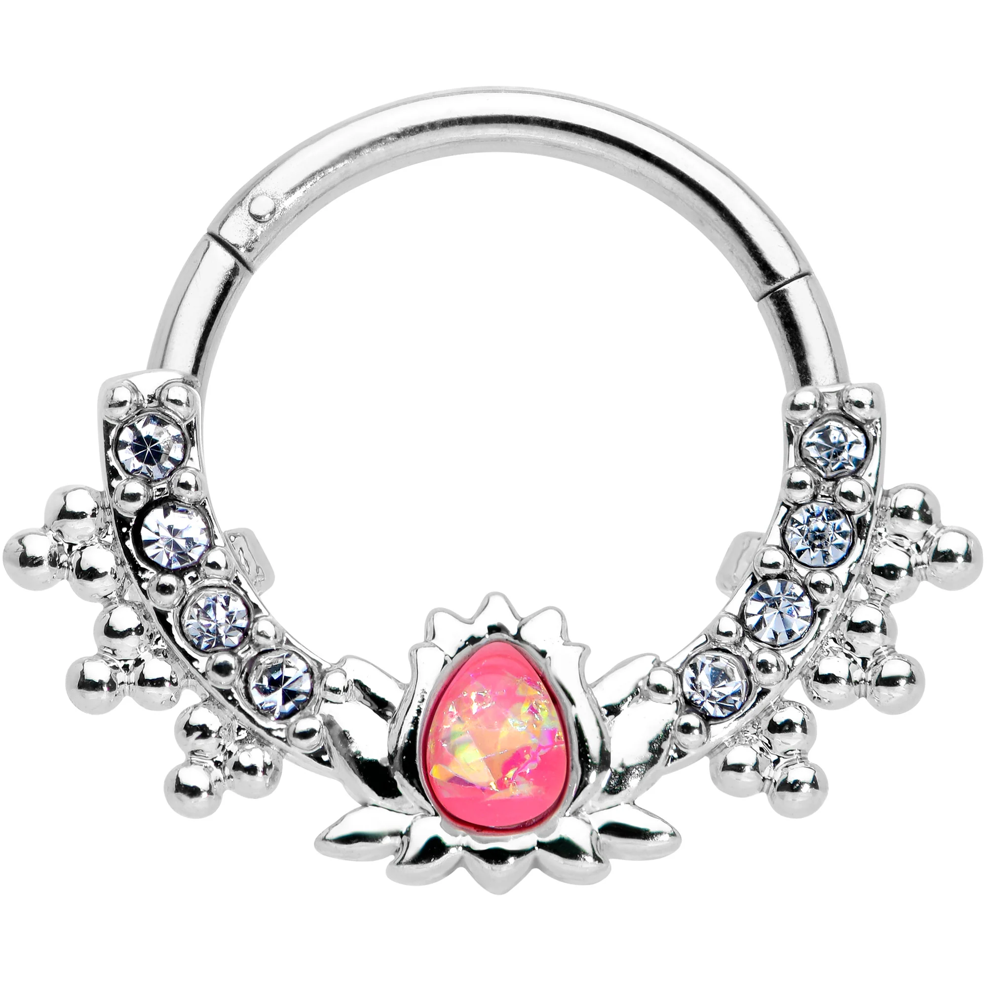 16G 3/8 Pink Faux Opal Stylized Lotus Hinged Segment Ring