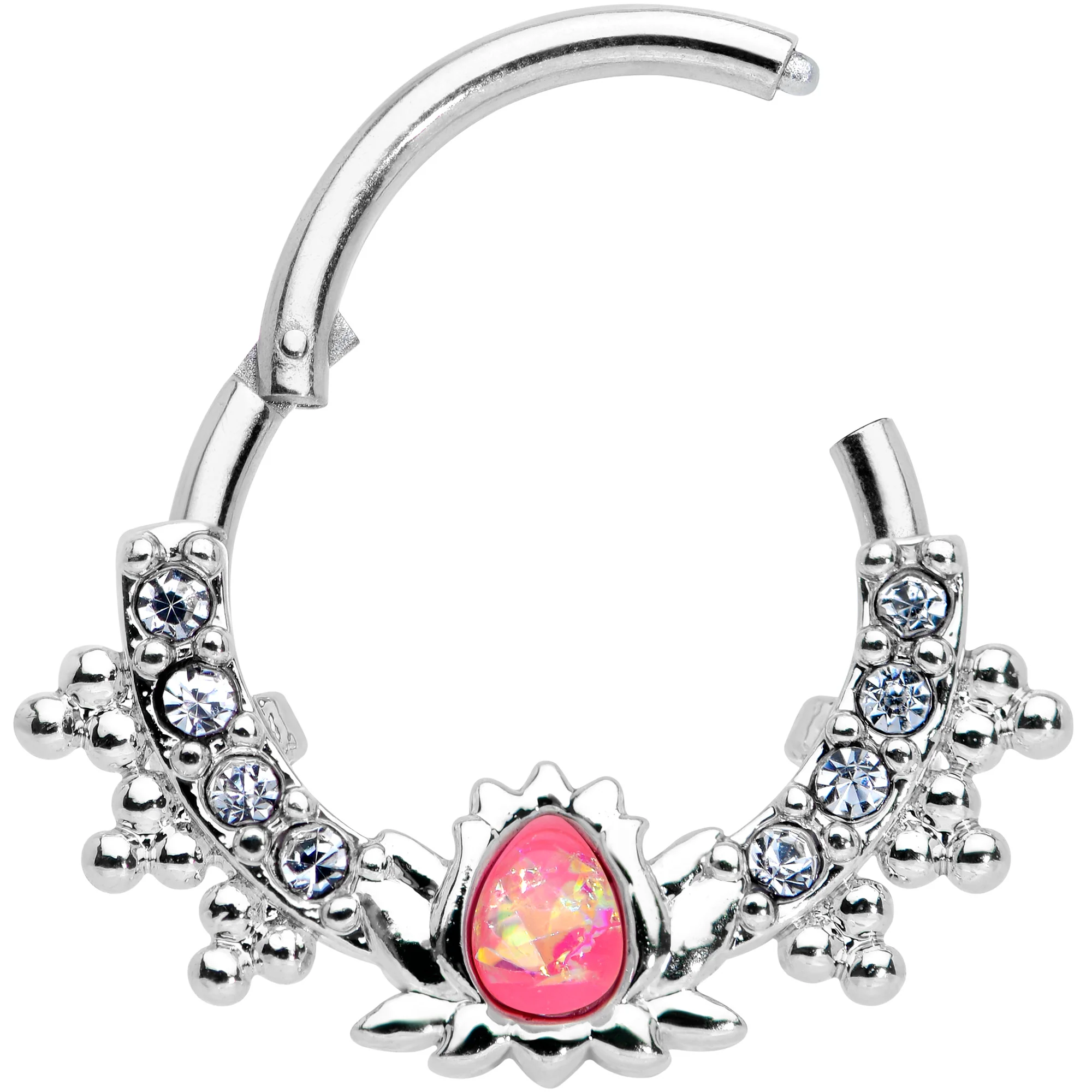 16G 3/8 Pink Faux Opal Stylized Lotus Hinged Segment Ring - Image 2