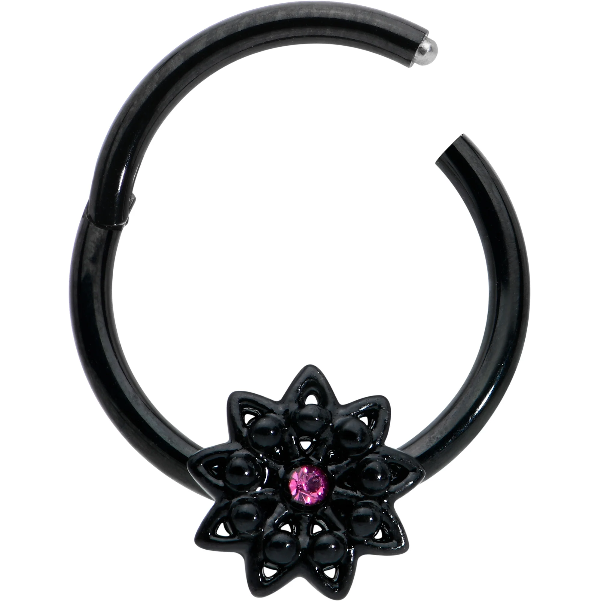 16G 3/8 Pink Gem Black Starry Flower Hinged Segment Ring - Image 2
