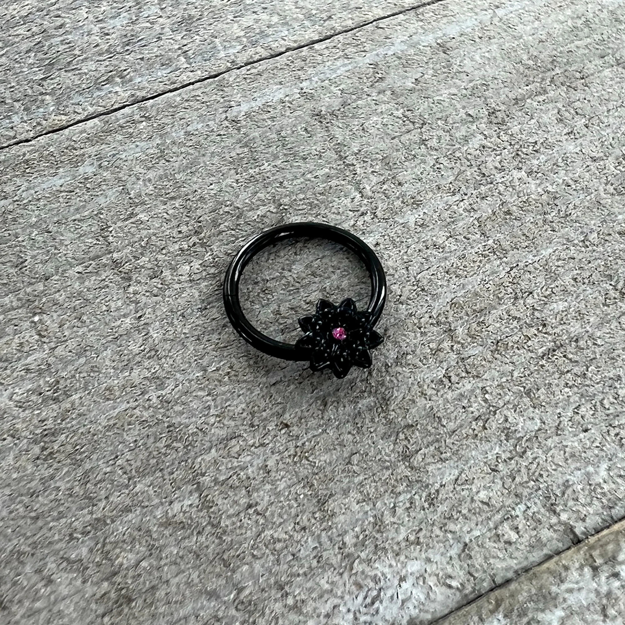 16G 3/8 Pink Gem Black Starry Flower Hinged Segment Ring - Image 6